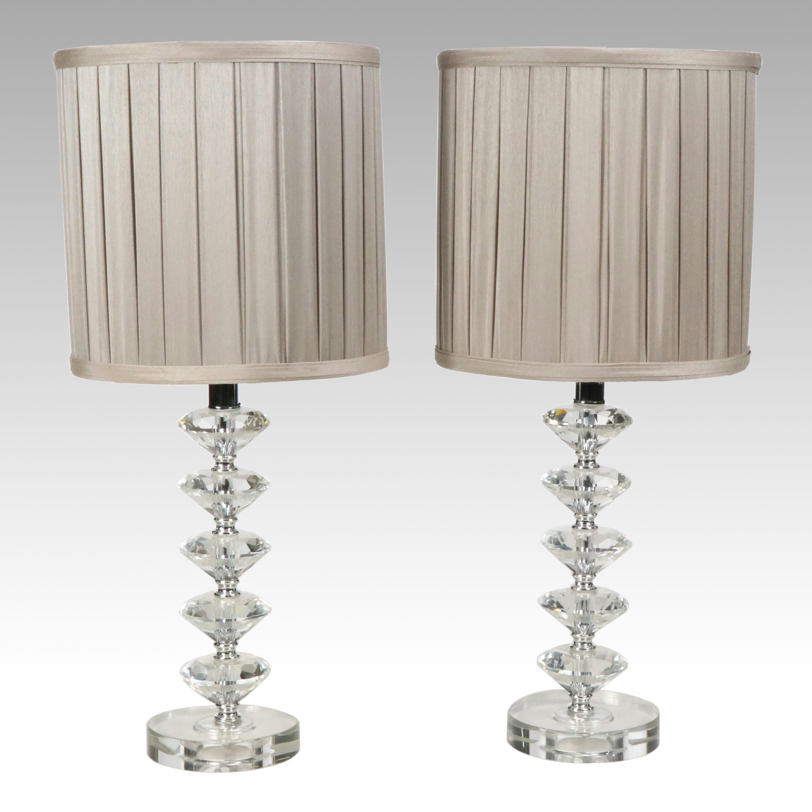Contemporary Crystal Table Lamps with Pleated Silk Shades