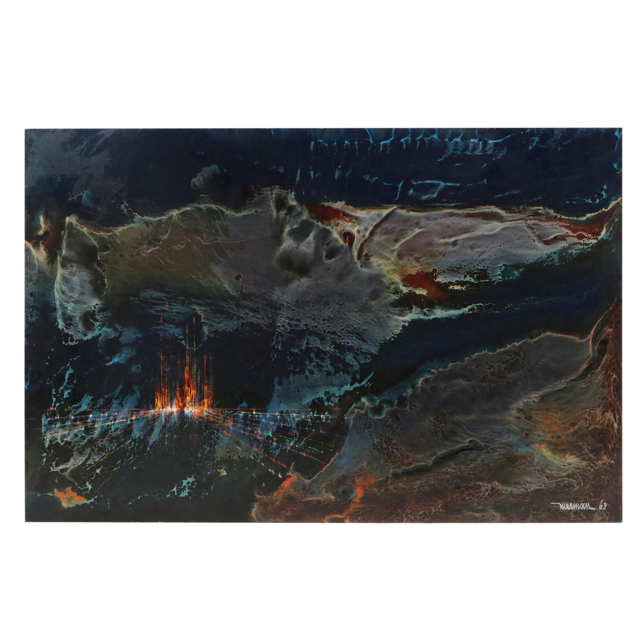 Leonardo Nierman Abstract Oil Painting of Nebulous Landscape, 1963