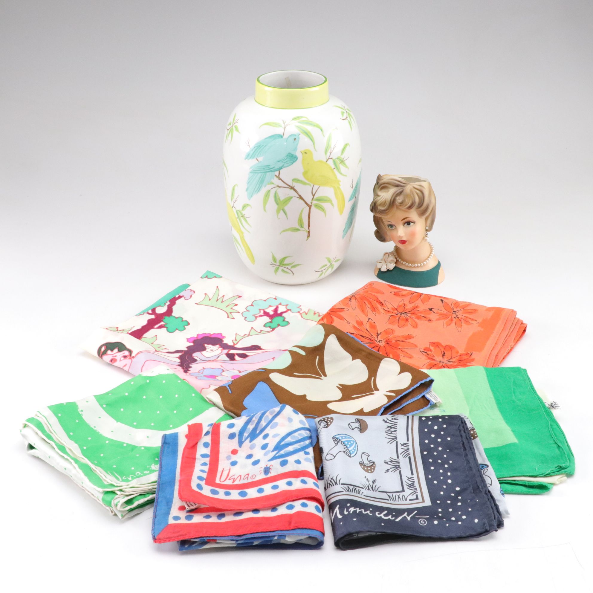 Vera Neumann Scarves with Enesco Pearl Lady Planter, Vase and More