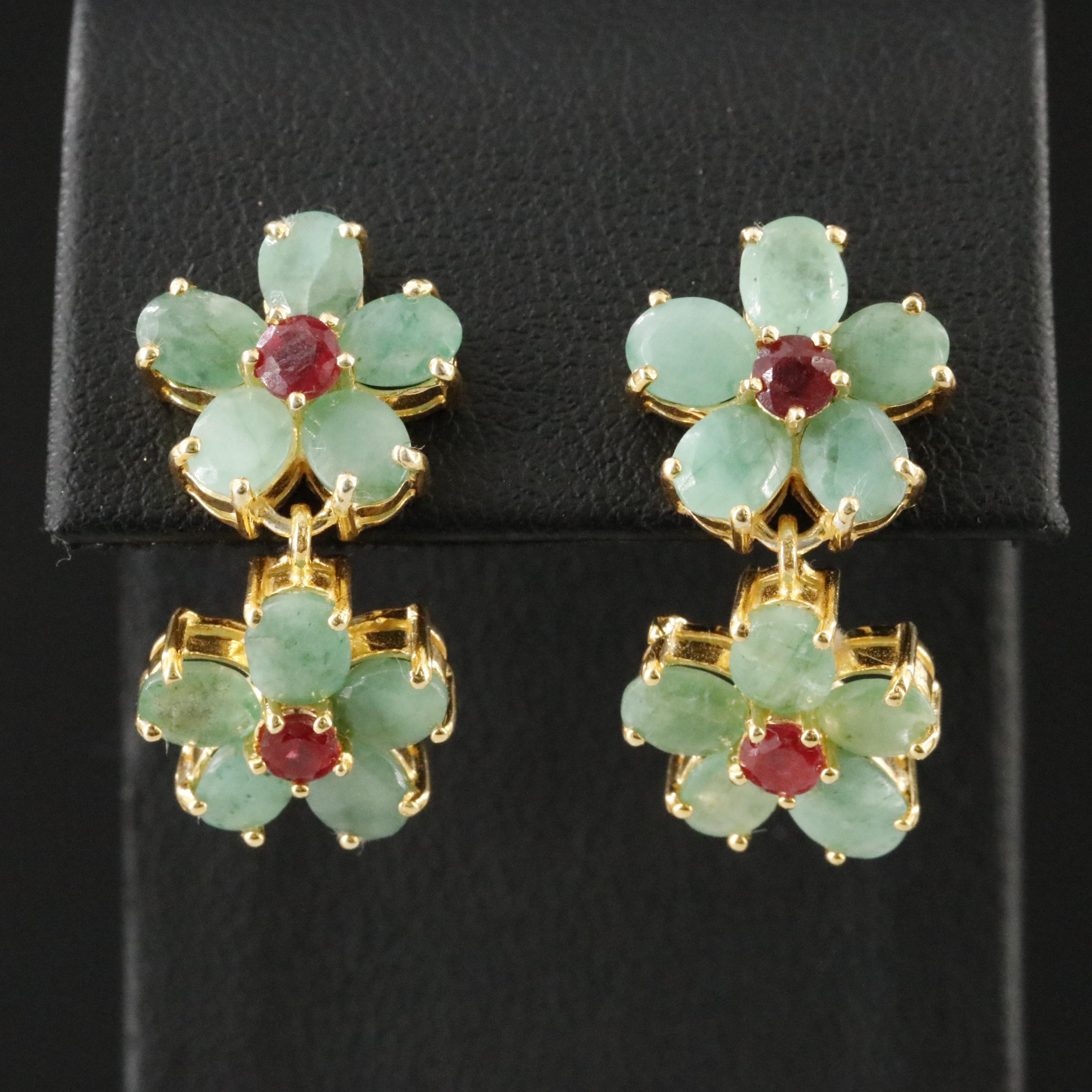 Sterling Emerald and Ruby Flower Drop Earrings
