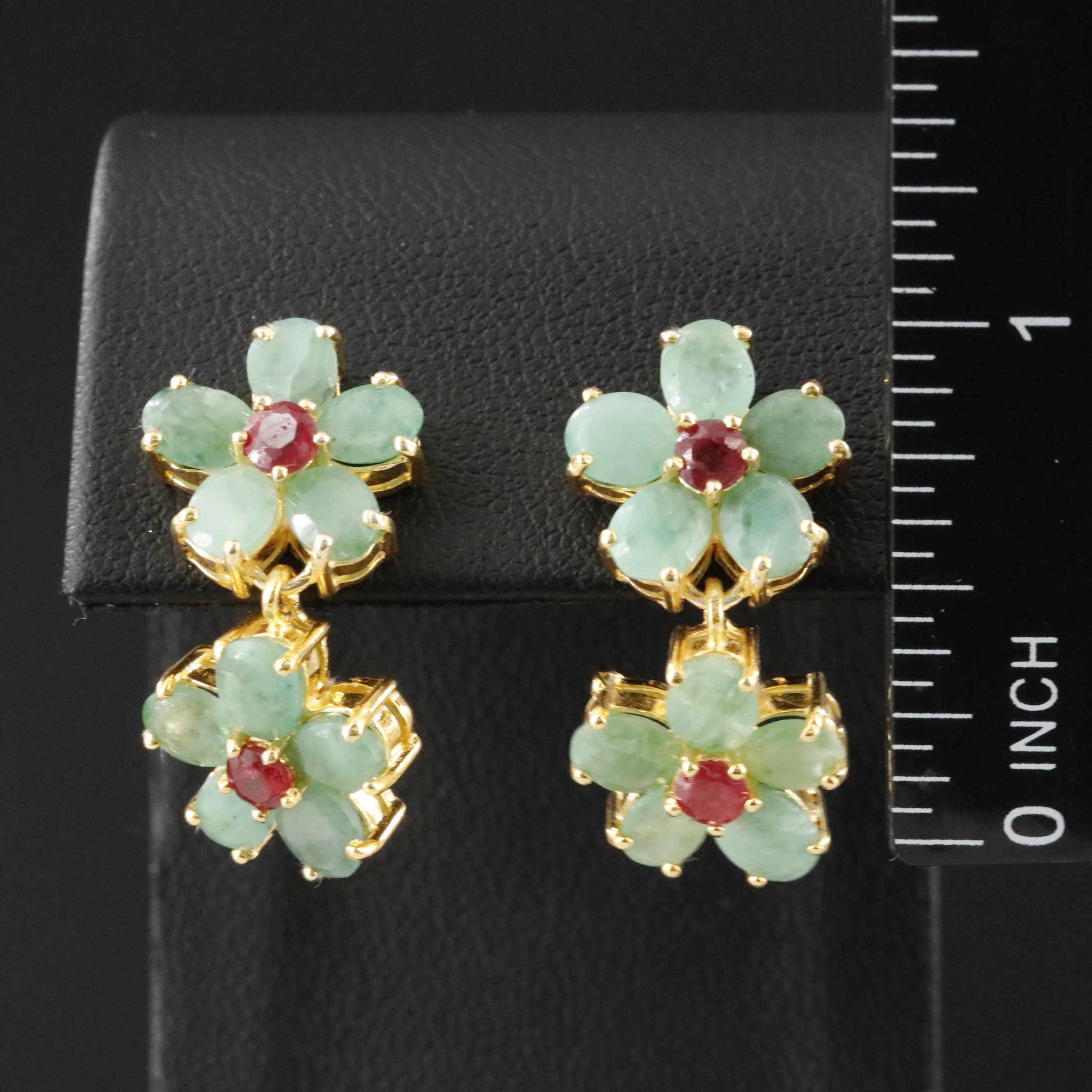 Sterling Emerald and Ruby Flower Drop Earrings
