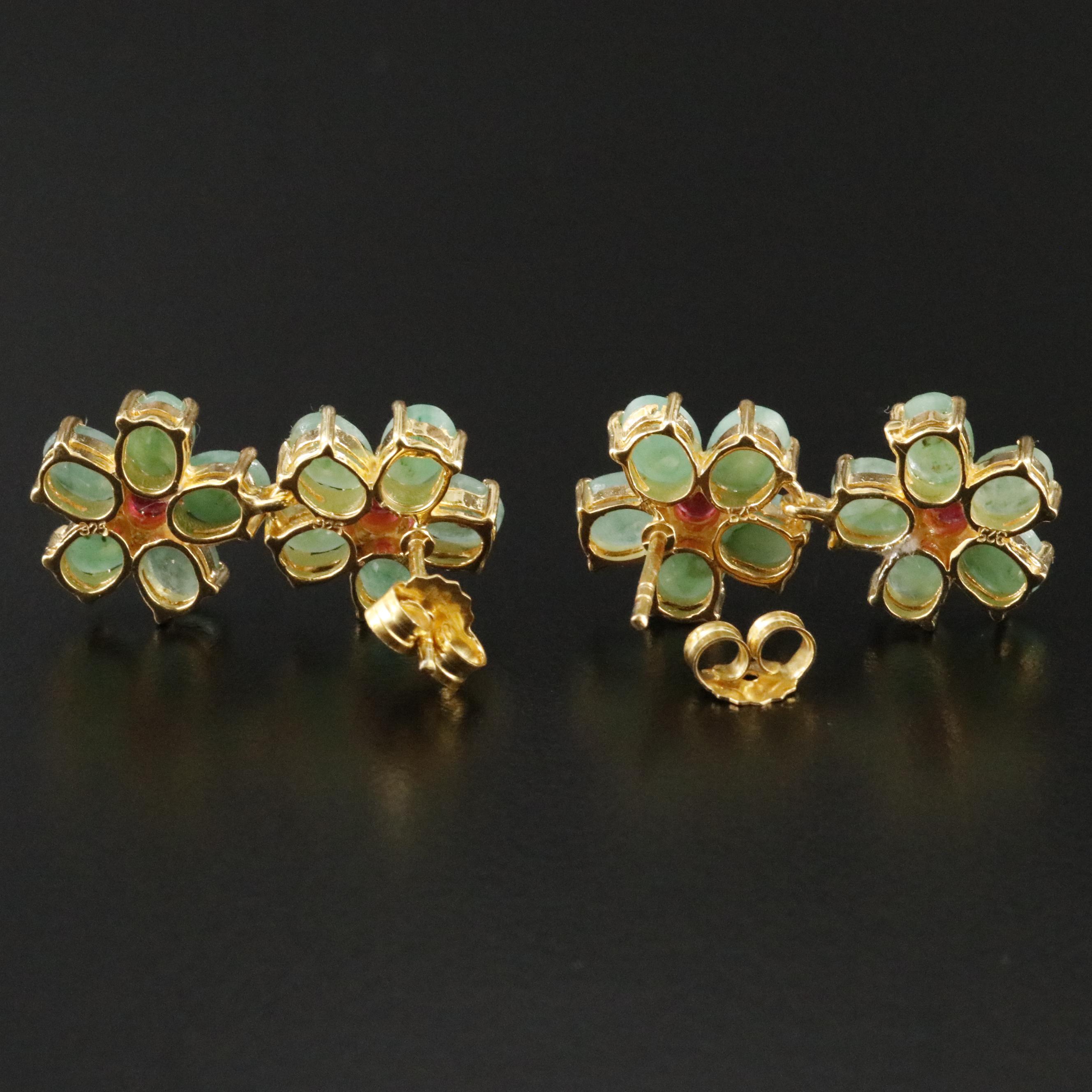 Sterling Emerald and Ruby Flower Drop Earrings
