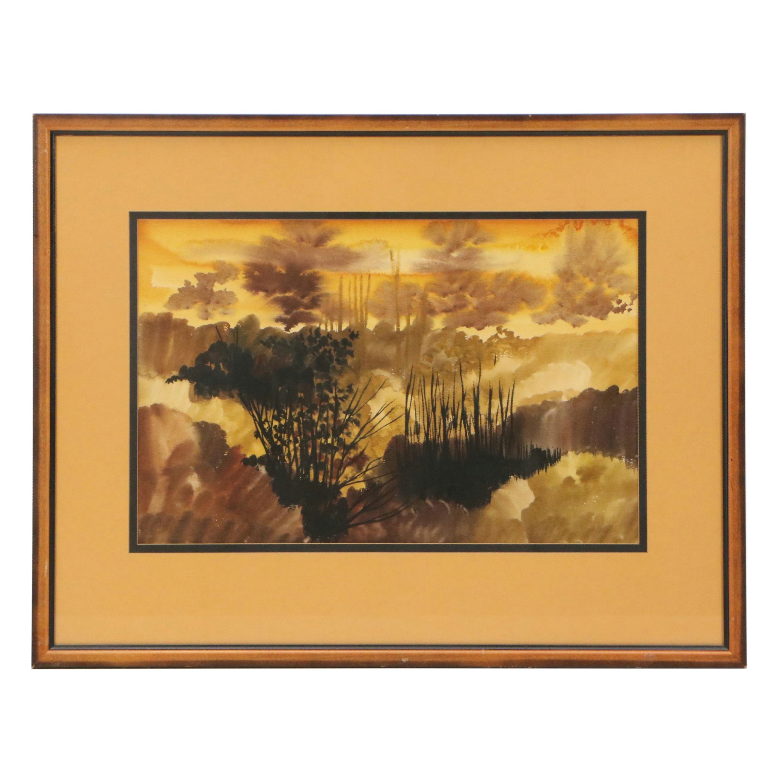 Claude Carette Watercolor Painting of Landscape, Circa 1960