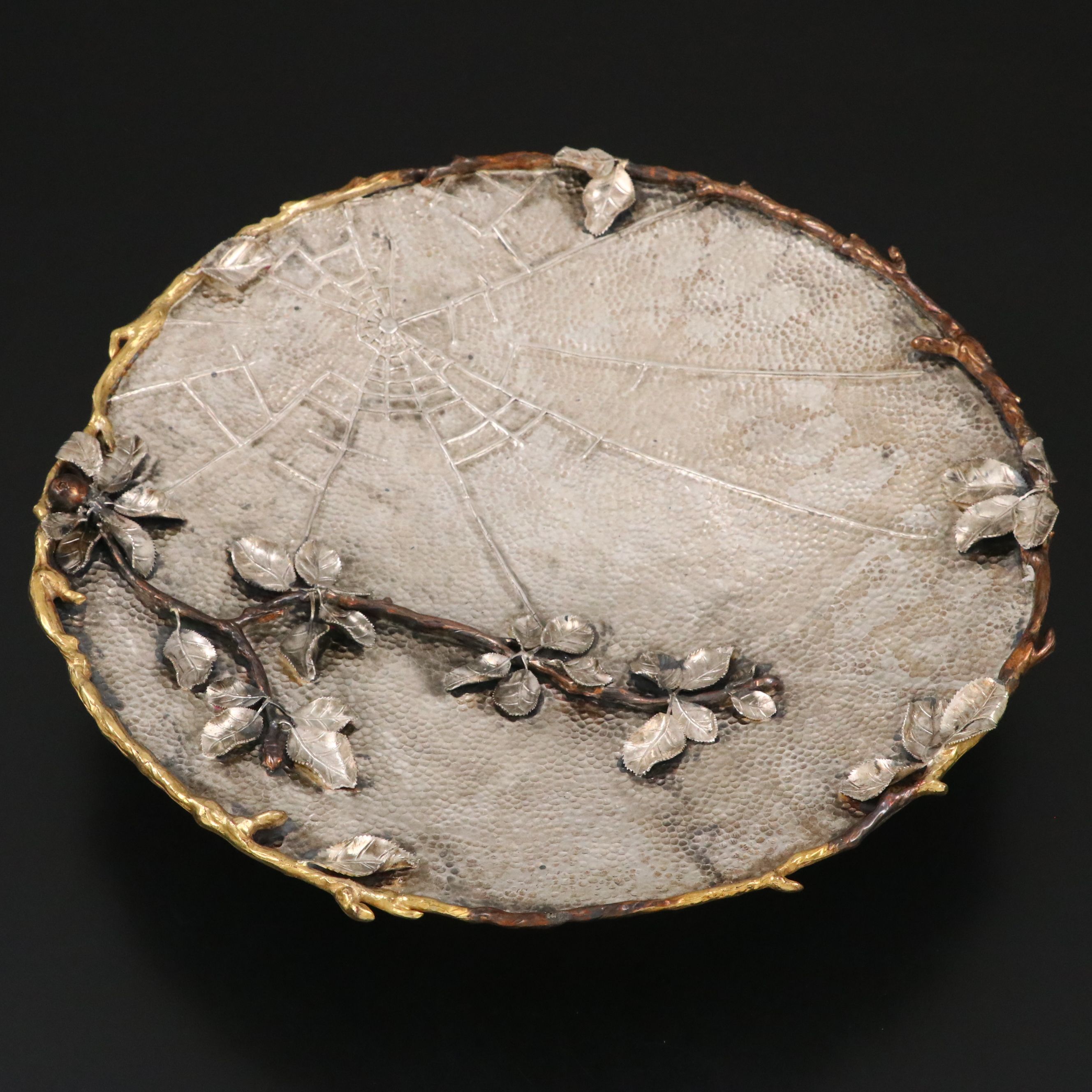Gorham Aesthetic Movement Sterling Silver and Mixed Metal Spider Web Tray