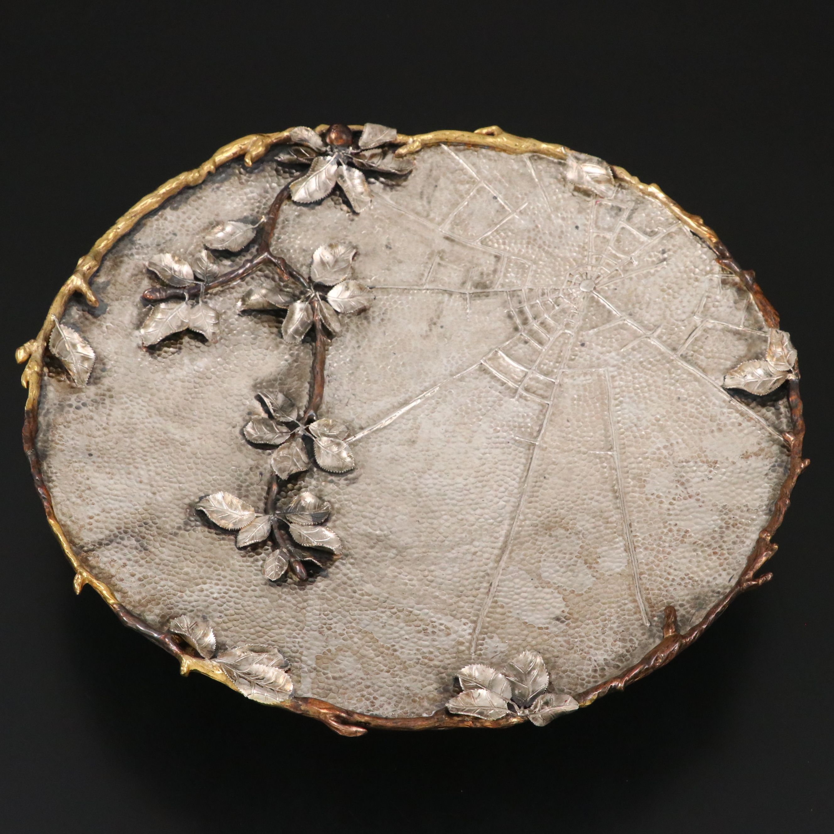 Gorham Aesthetic Movement Sterling Silver and Mixed Metal Spider Web Tray