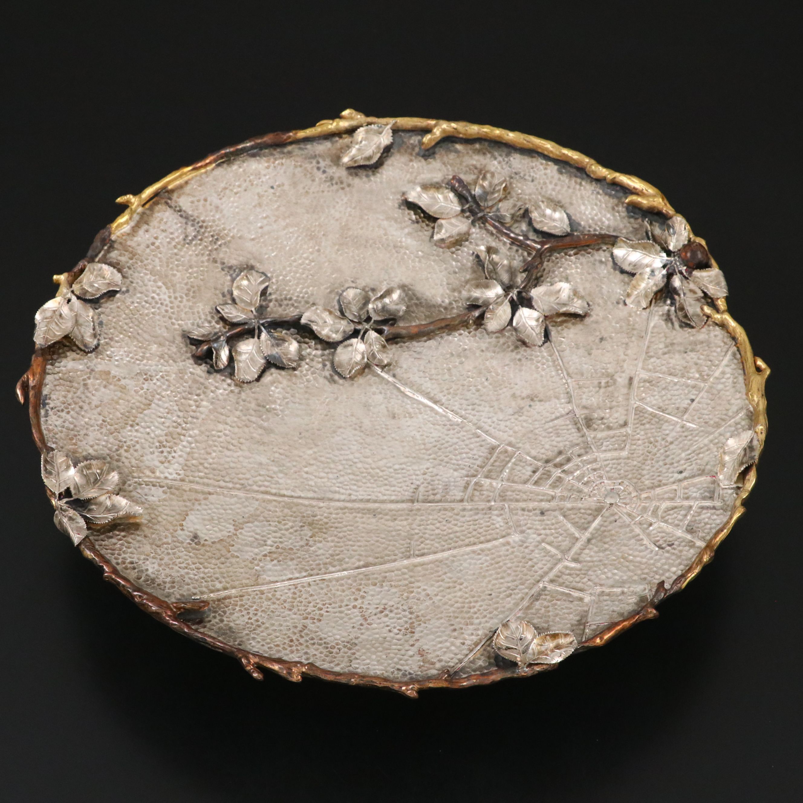 Gorham Aesthetic Movement Sterling Silver and Mixed Metal Spider Web Tray