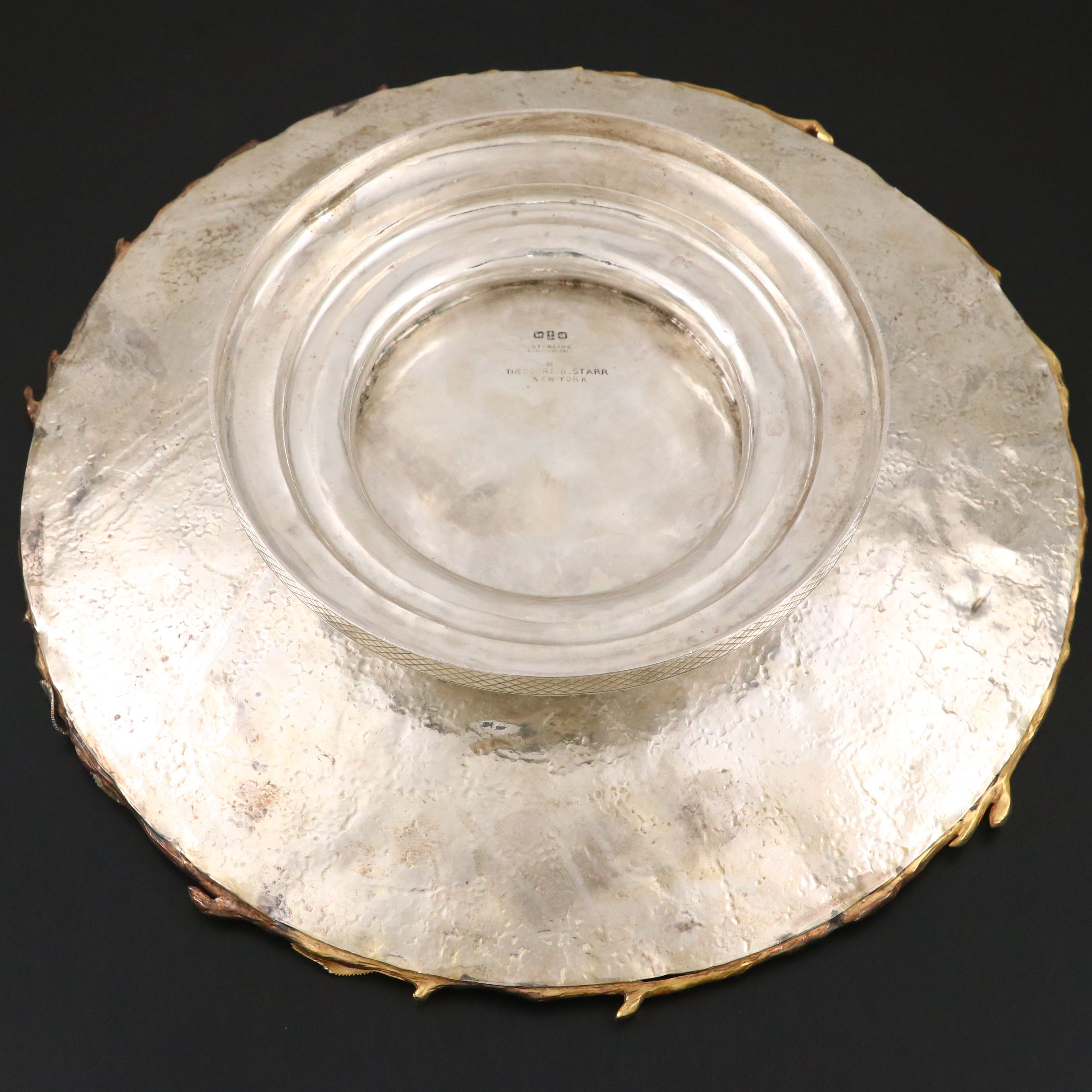 Gorham Aesthetic Movement Sterling Silver and Mixed Metal Spider Web Tray