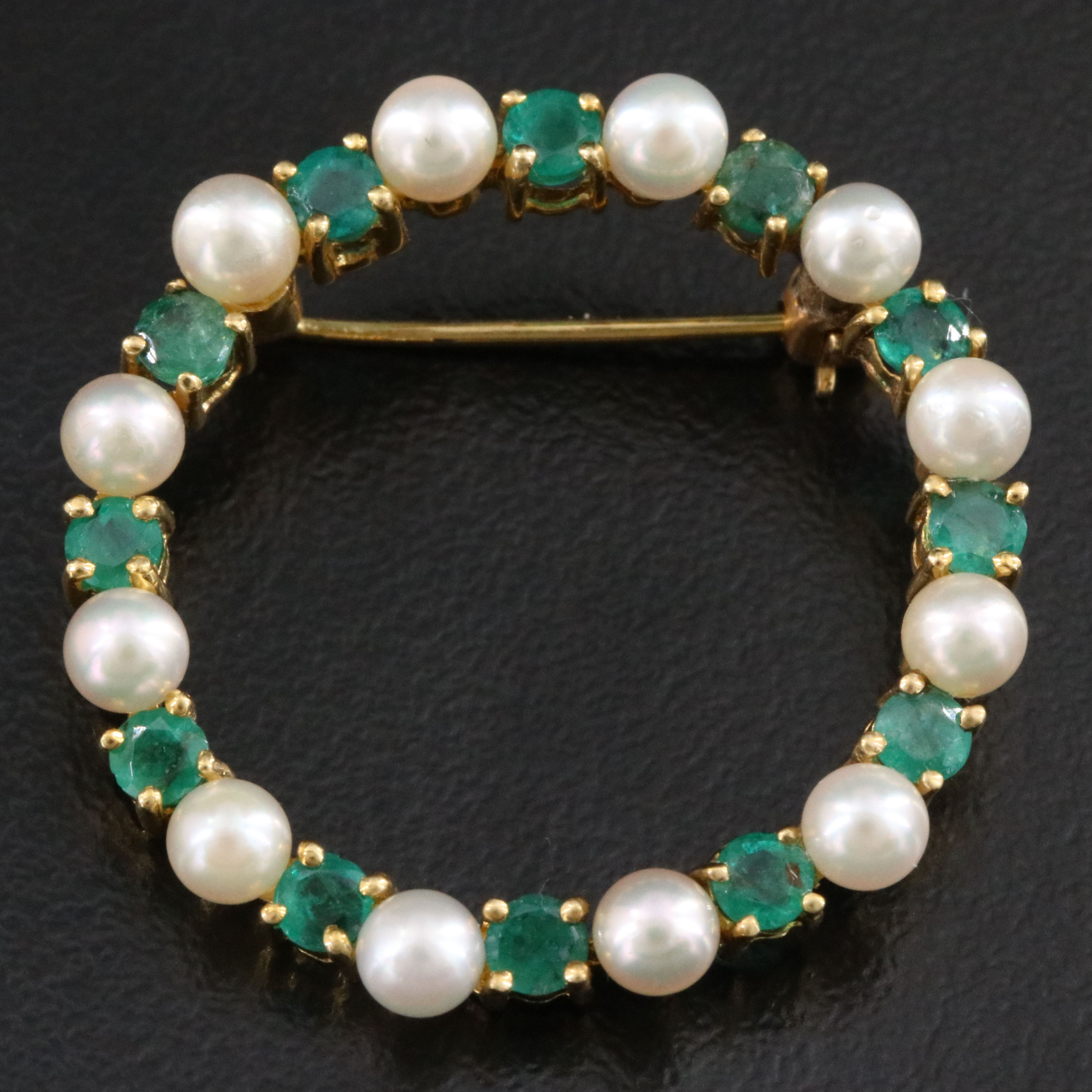 14K Pearl and Emerald Brooch