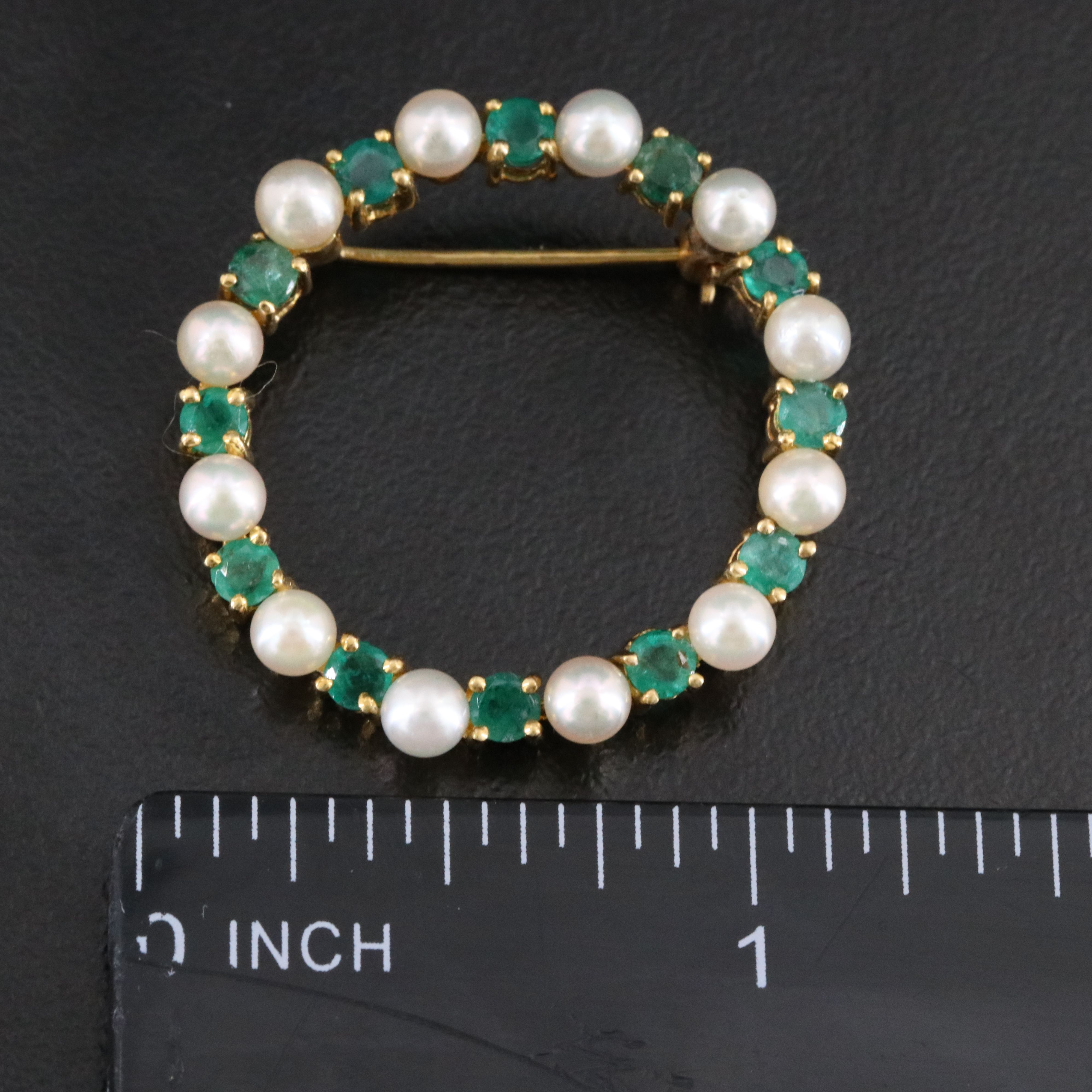 14K Pearl and Emerald Brooch