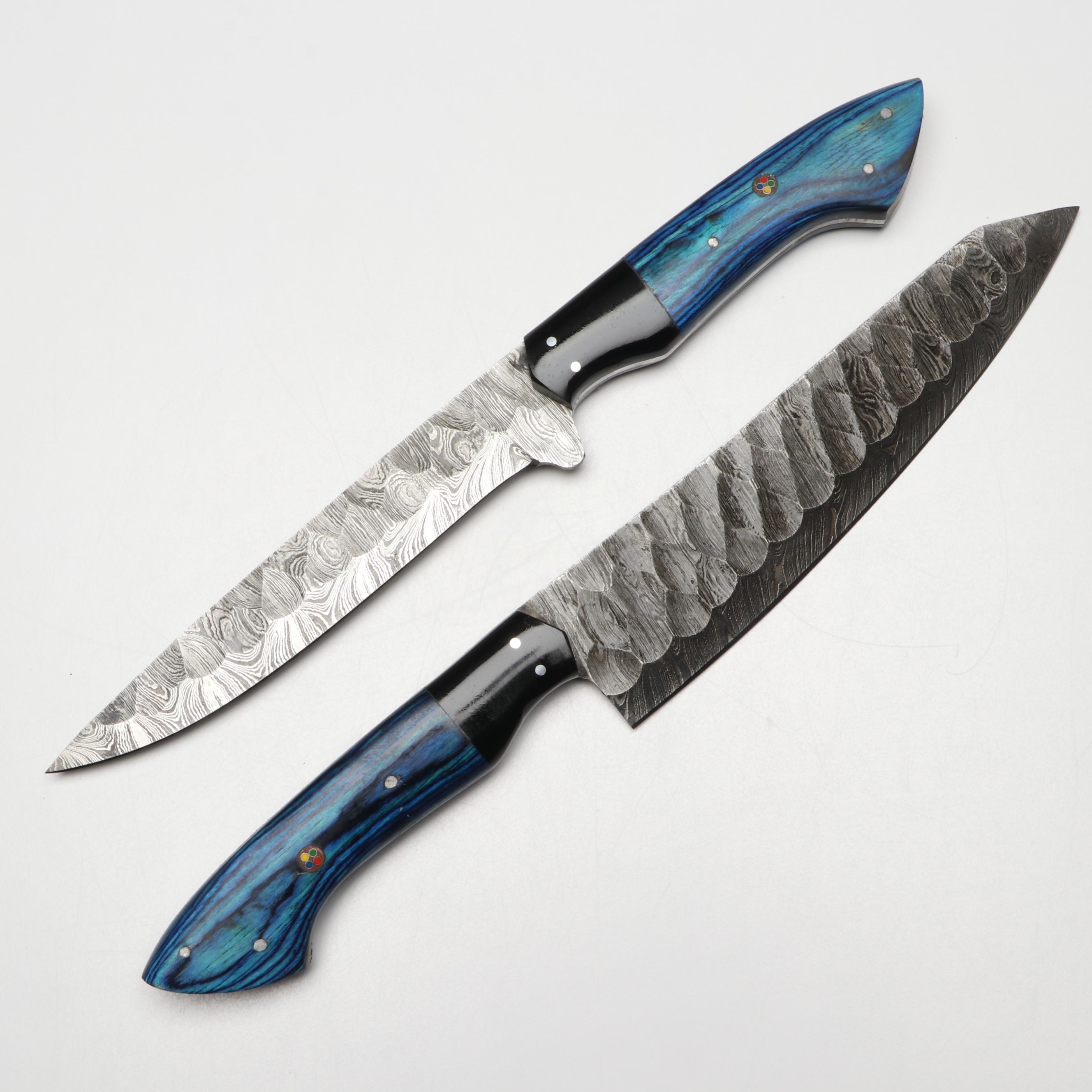 Damascus Steel and Blue Resin Handled Chef's Knife Set