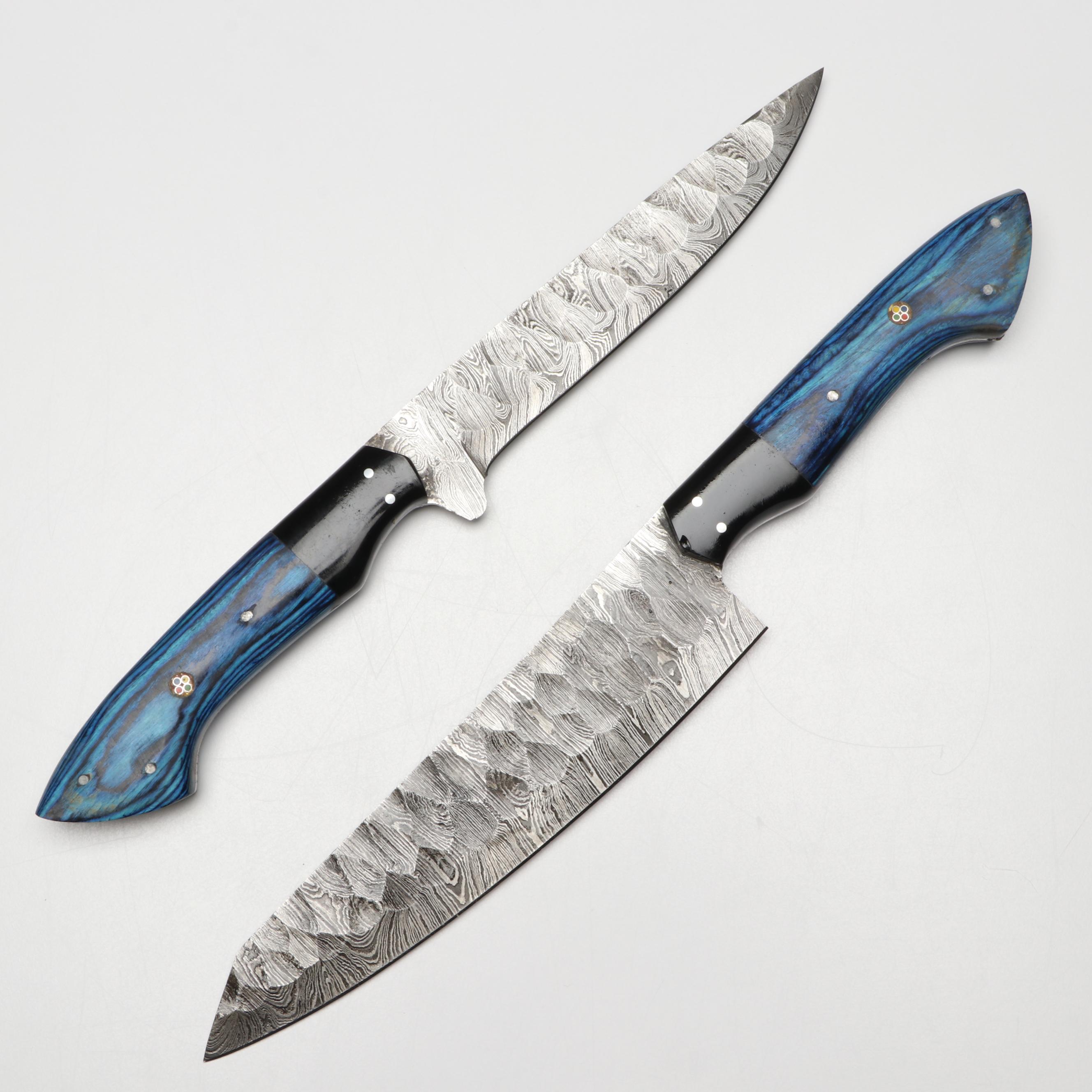 Damascus Steel and Blue Resin Handled Chef's Knife Set