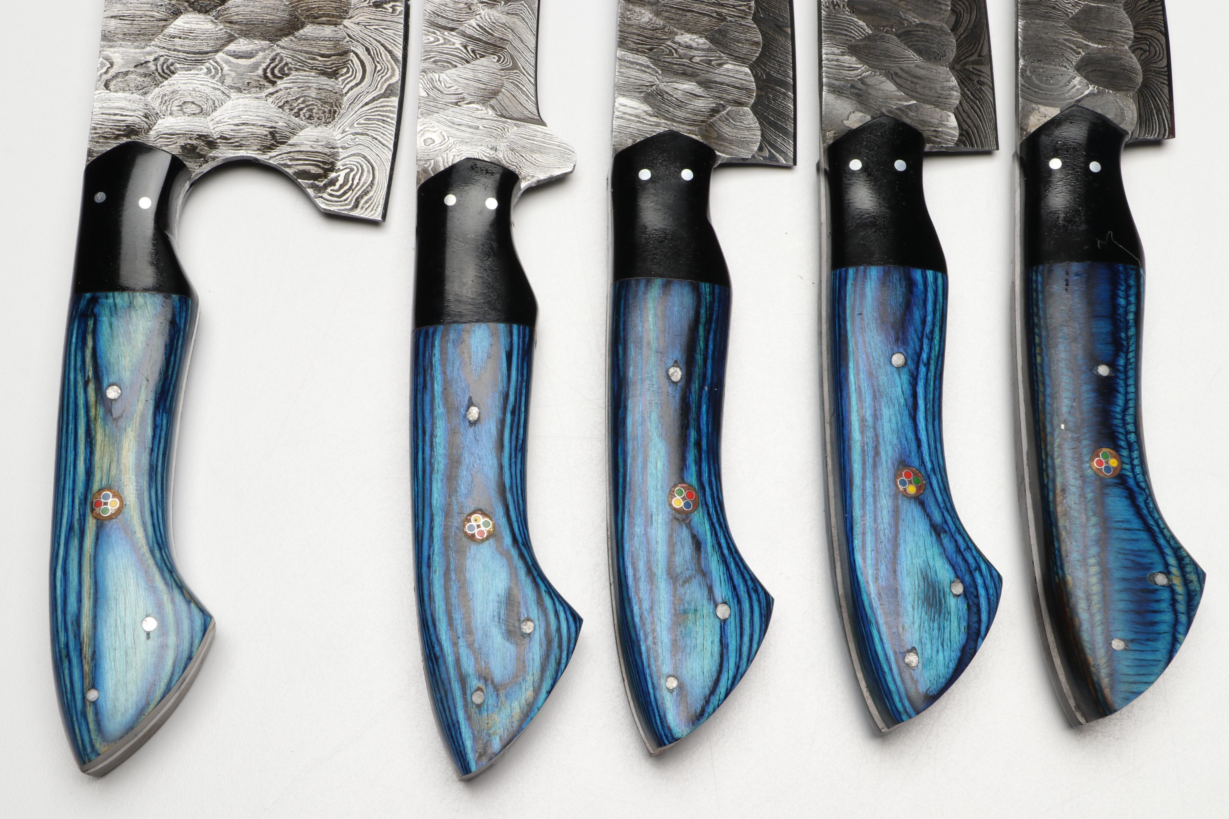 Damascus Steel and Blue Resin Handled Chef's Knife Set