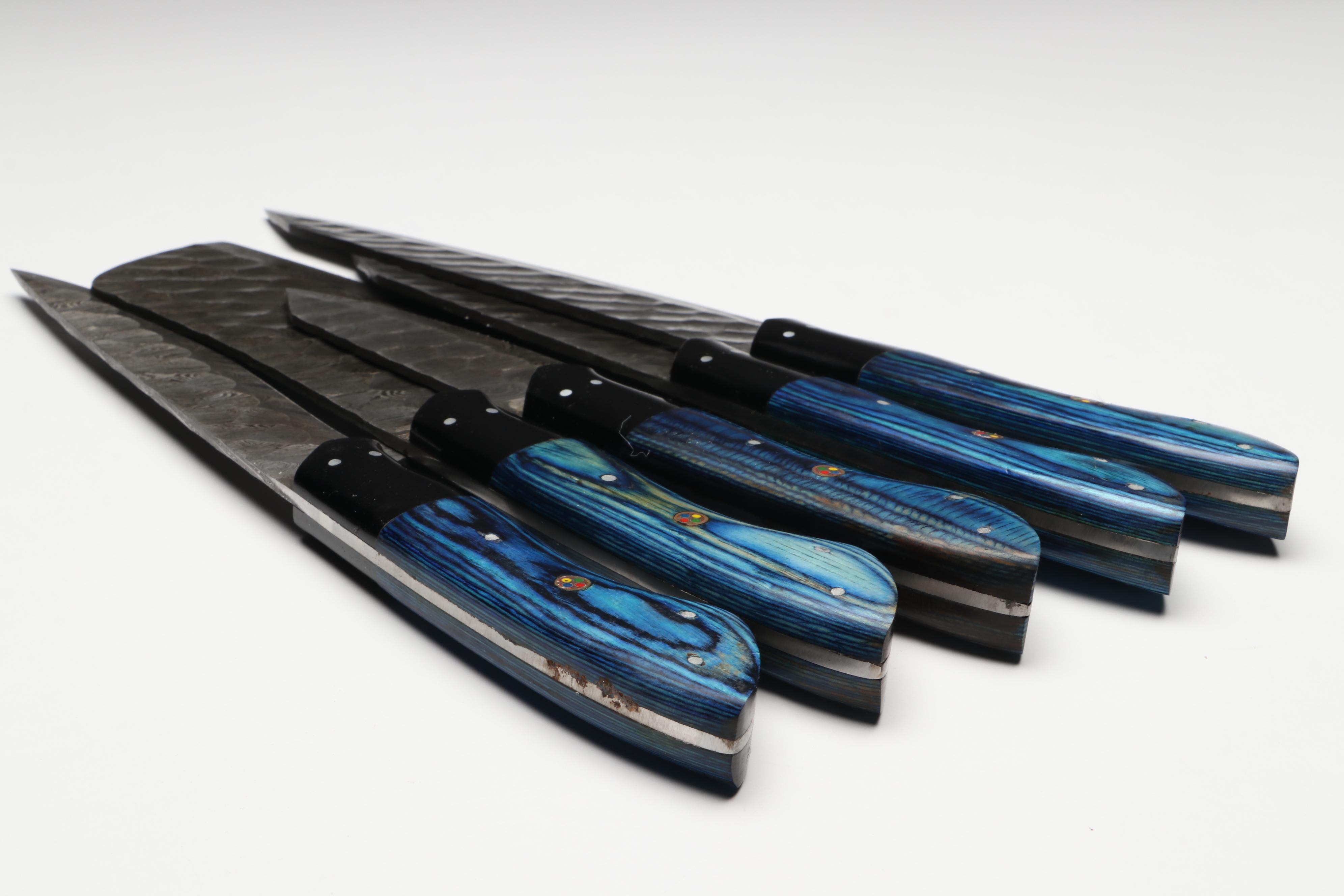 Damascus Steel and Blue Resin Handled Chef's Knife Set