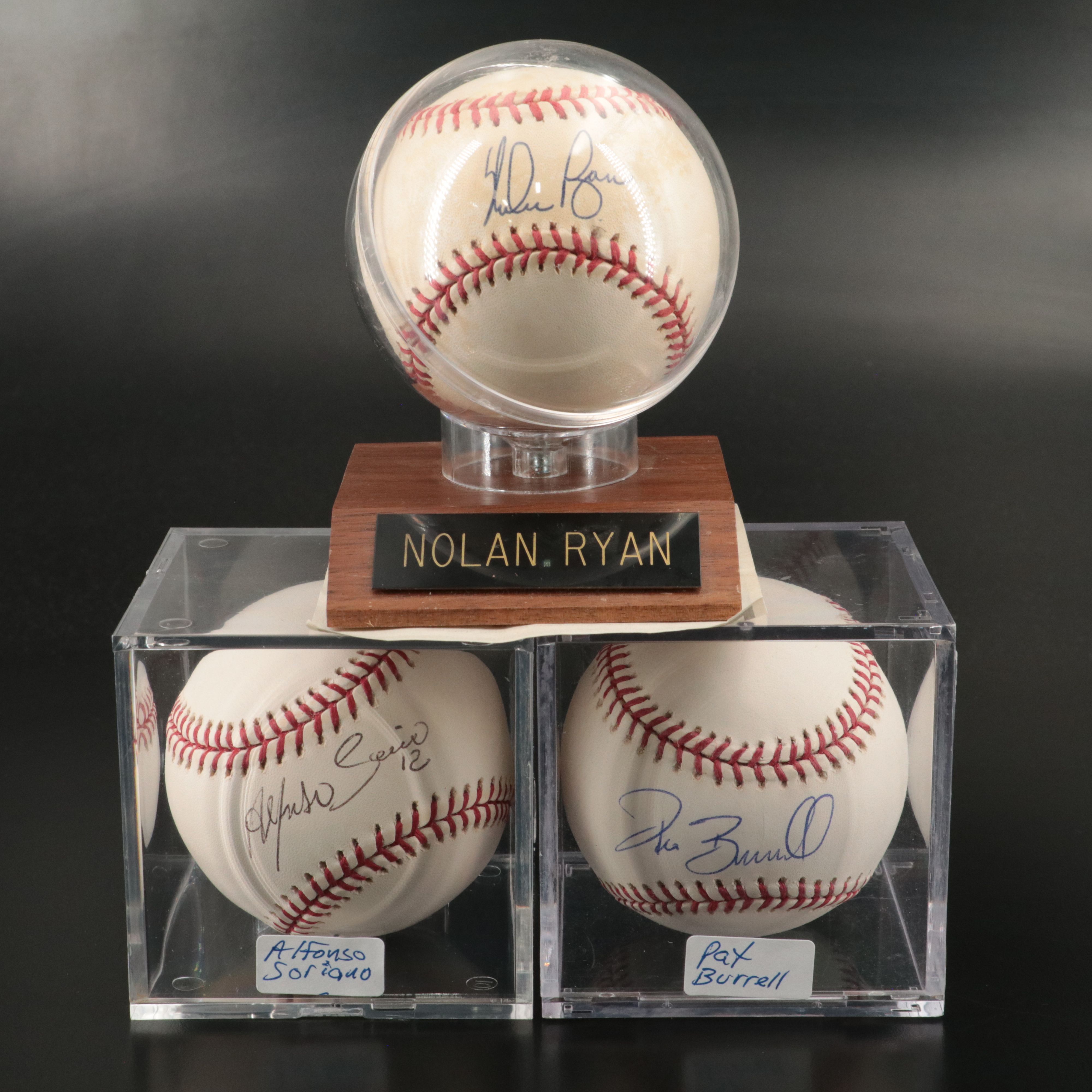 Three Signed Baseballs- Nolan Ryan, Alfonso Soriano, and Pat Burrell