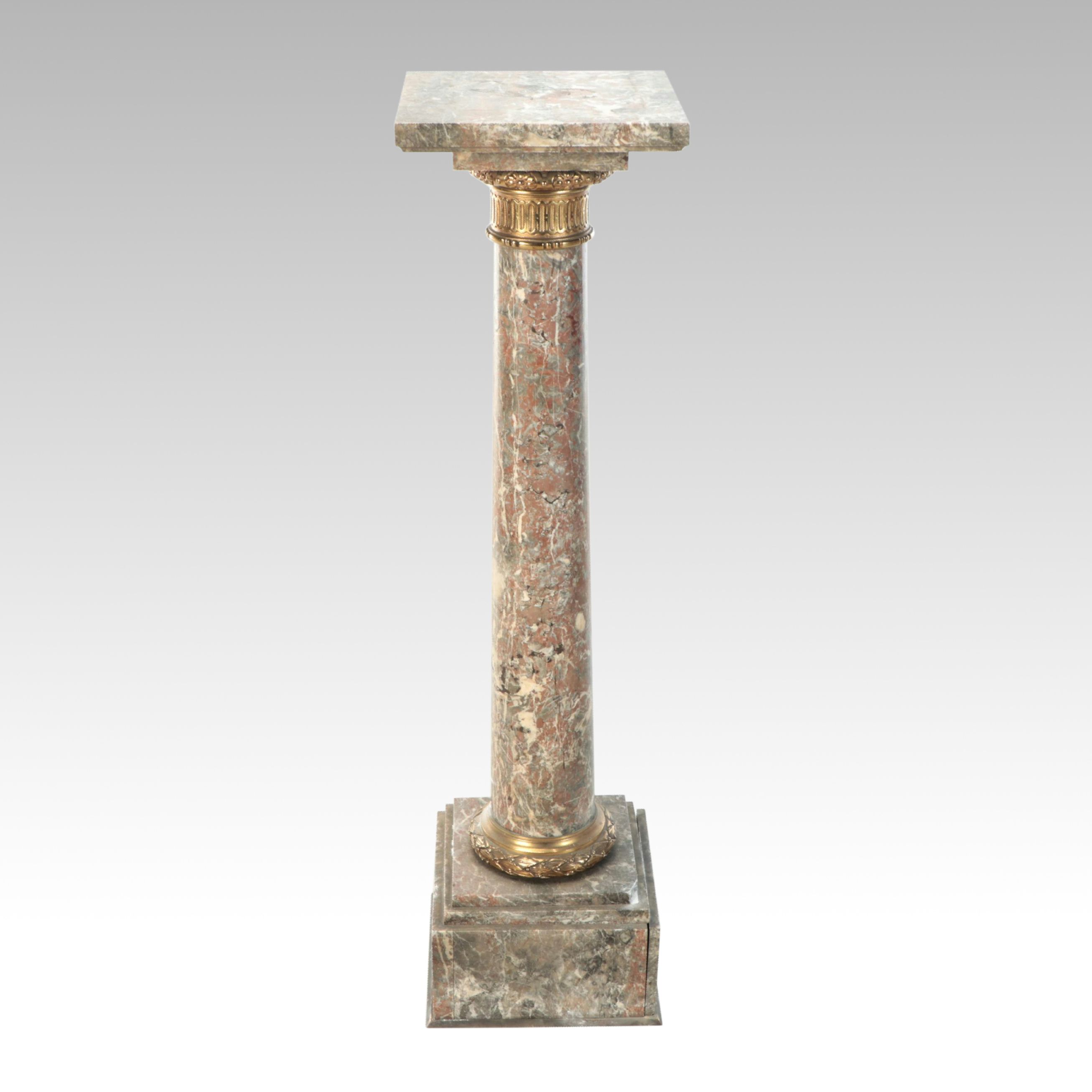 Neoclassical Style Marble Column with Brass Finish Accents
