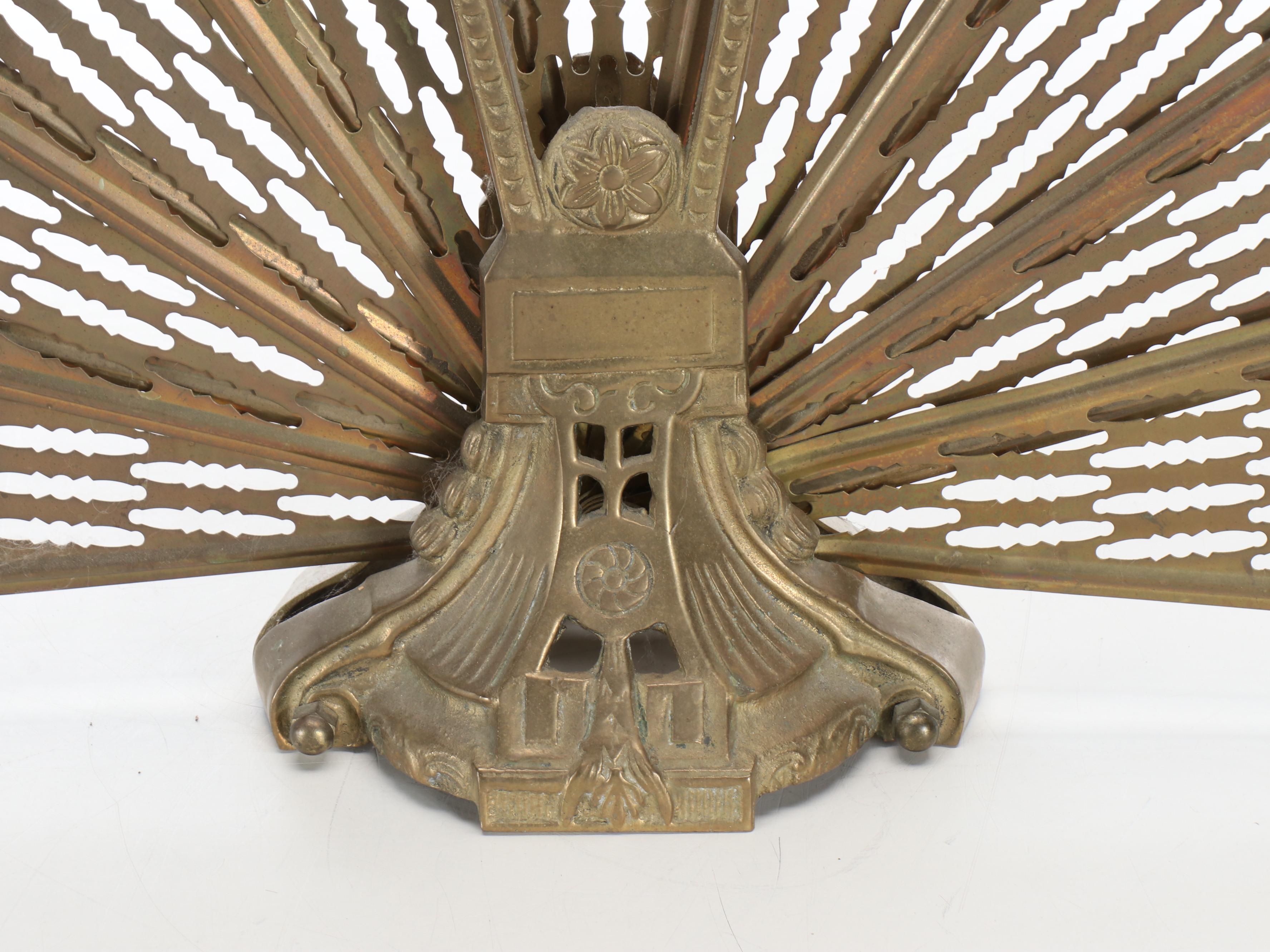 Victorian Style Pierced Brass Peacock Fan Fireplace Screen