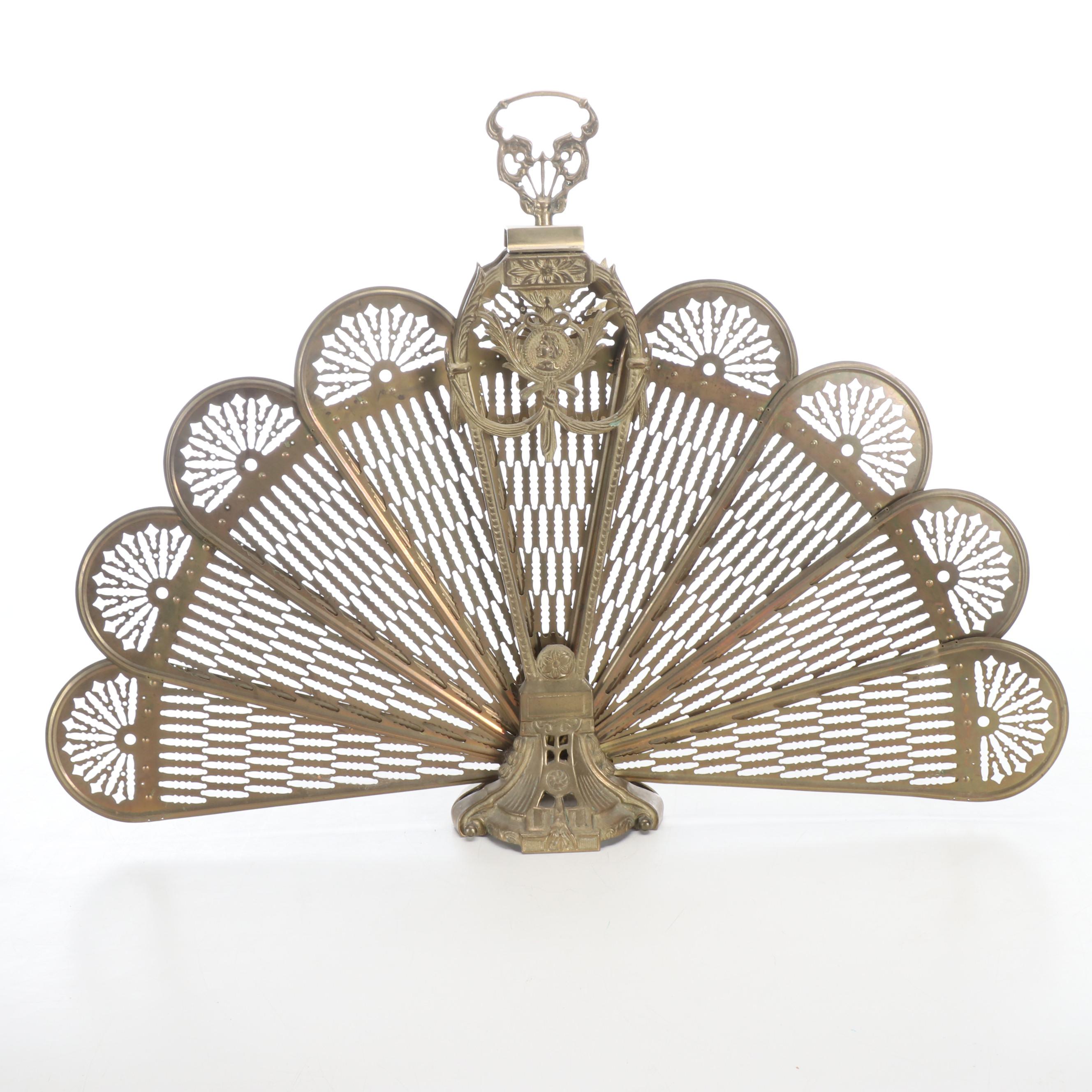 Victorian Style Pierced Brass Peacock Fan Fireplace Screen