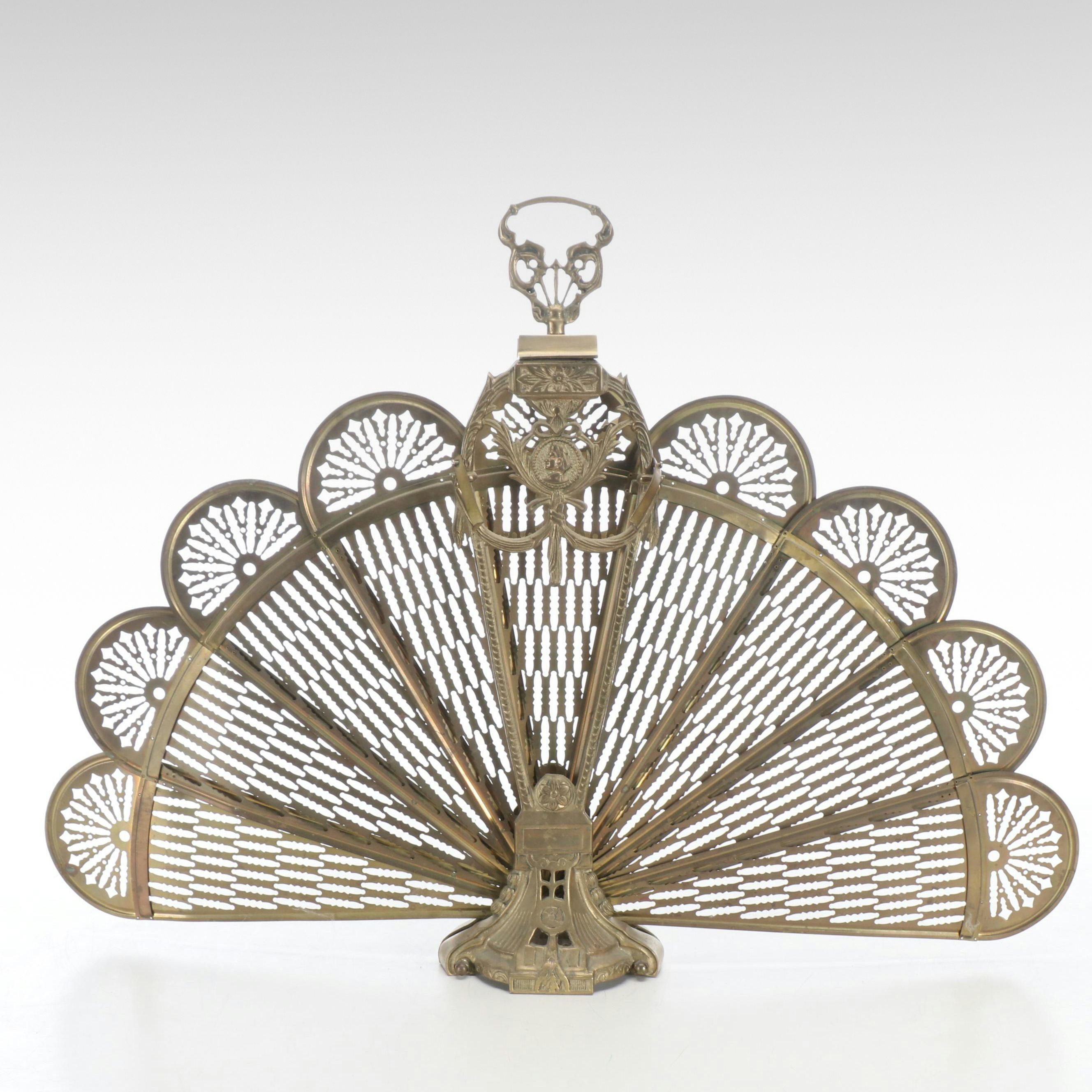 Victorian Style Pierced Brass Peacock Fan Fireplace Screen