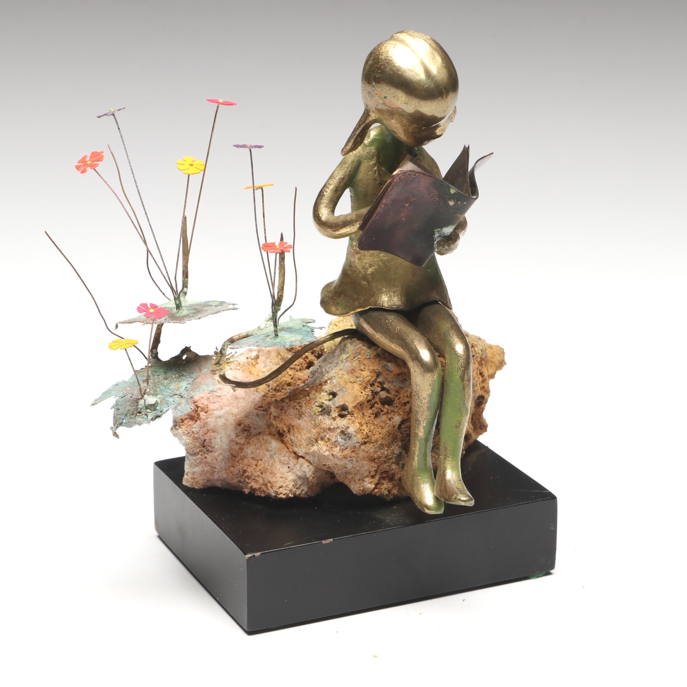 Malcolm Moran Mixed Metal and Stone Sculpture of Girl Reading Book