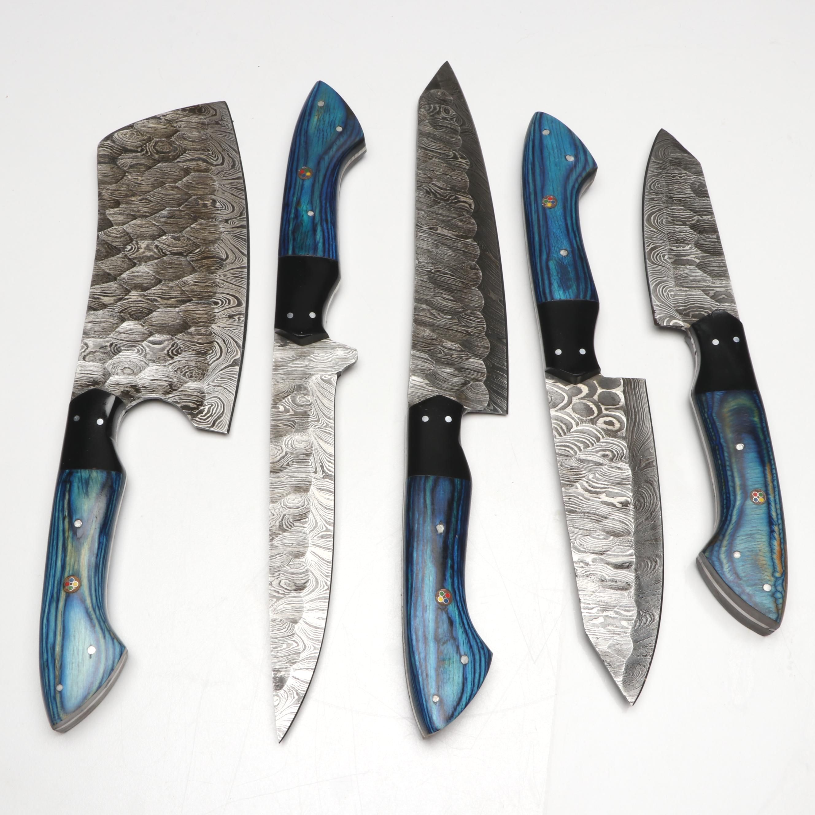 Damascus Steel and Blue Resin Handled Chef's Knife Set