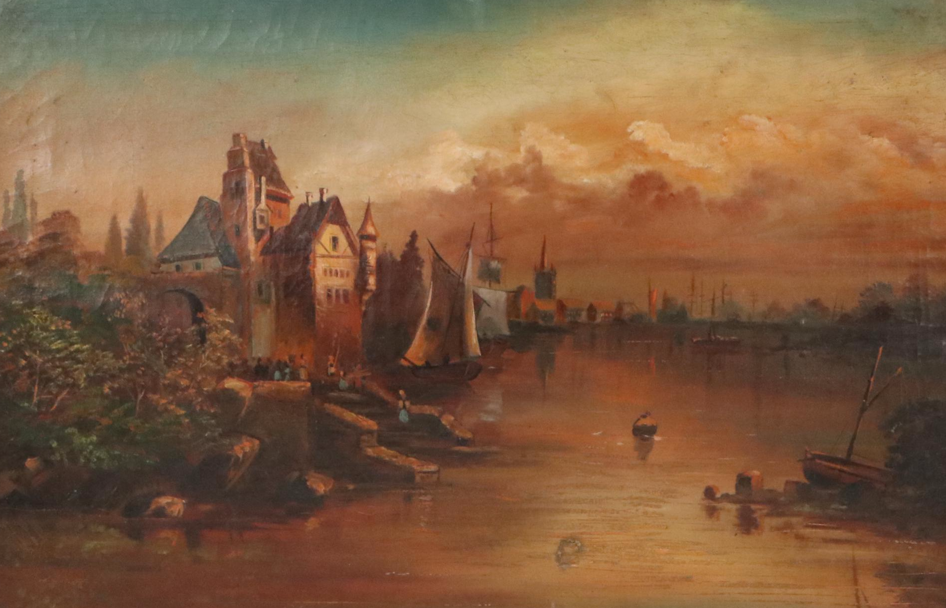 European Oil Painting of Port Scene, 19th Century