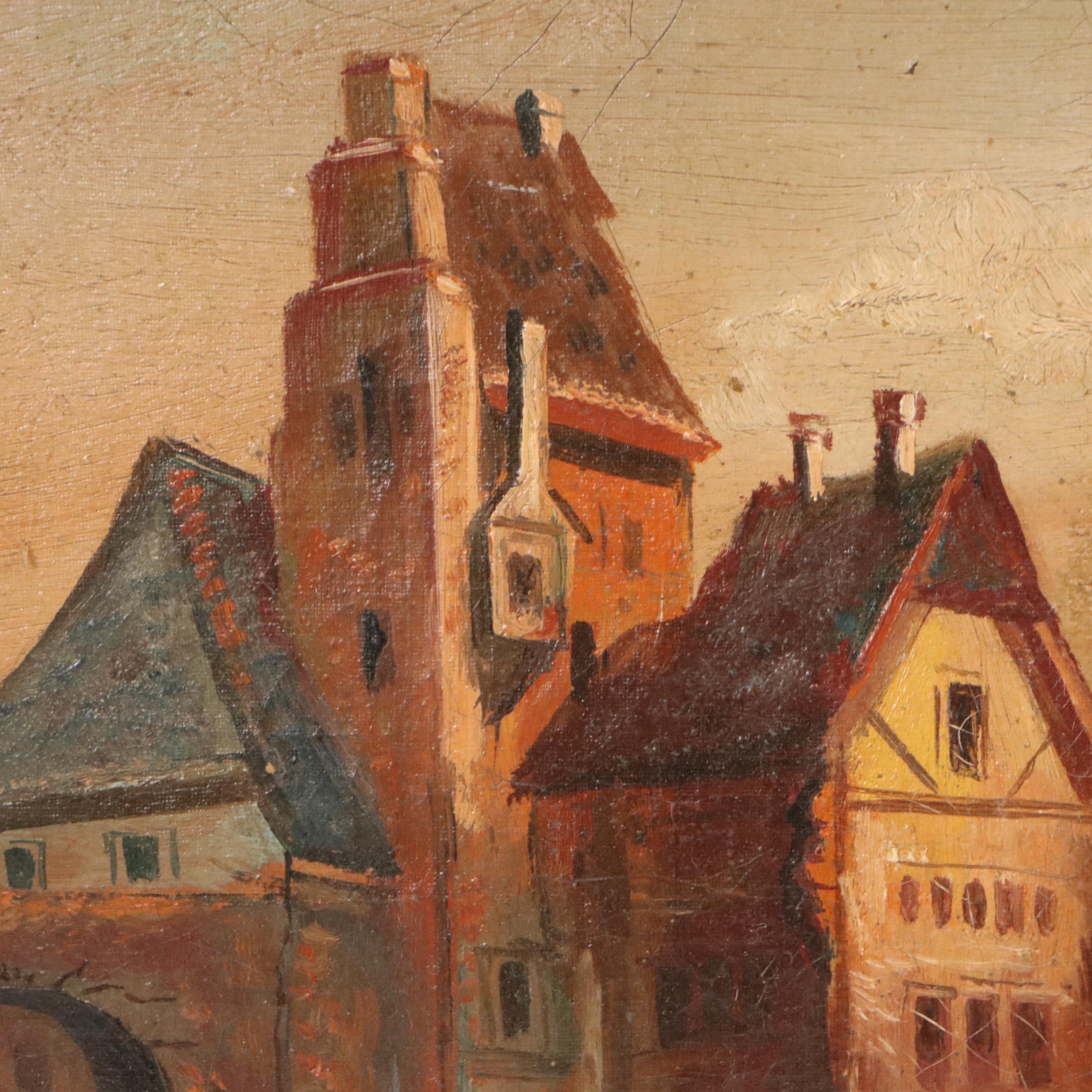 European Oil Painting of Port Scene, 19th Century