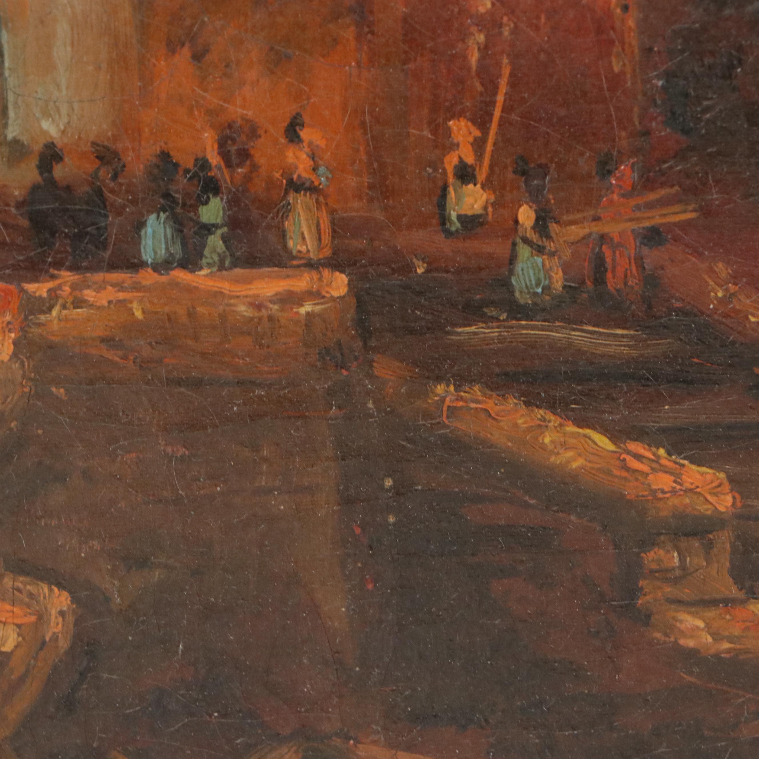 European Oil Painting of Port Scene, 19th Century