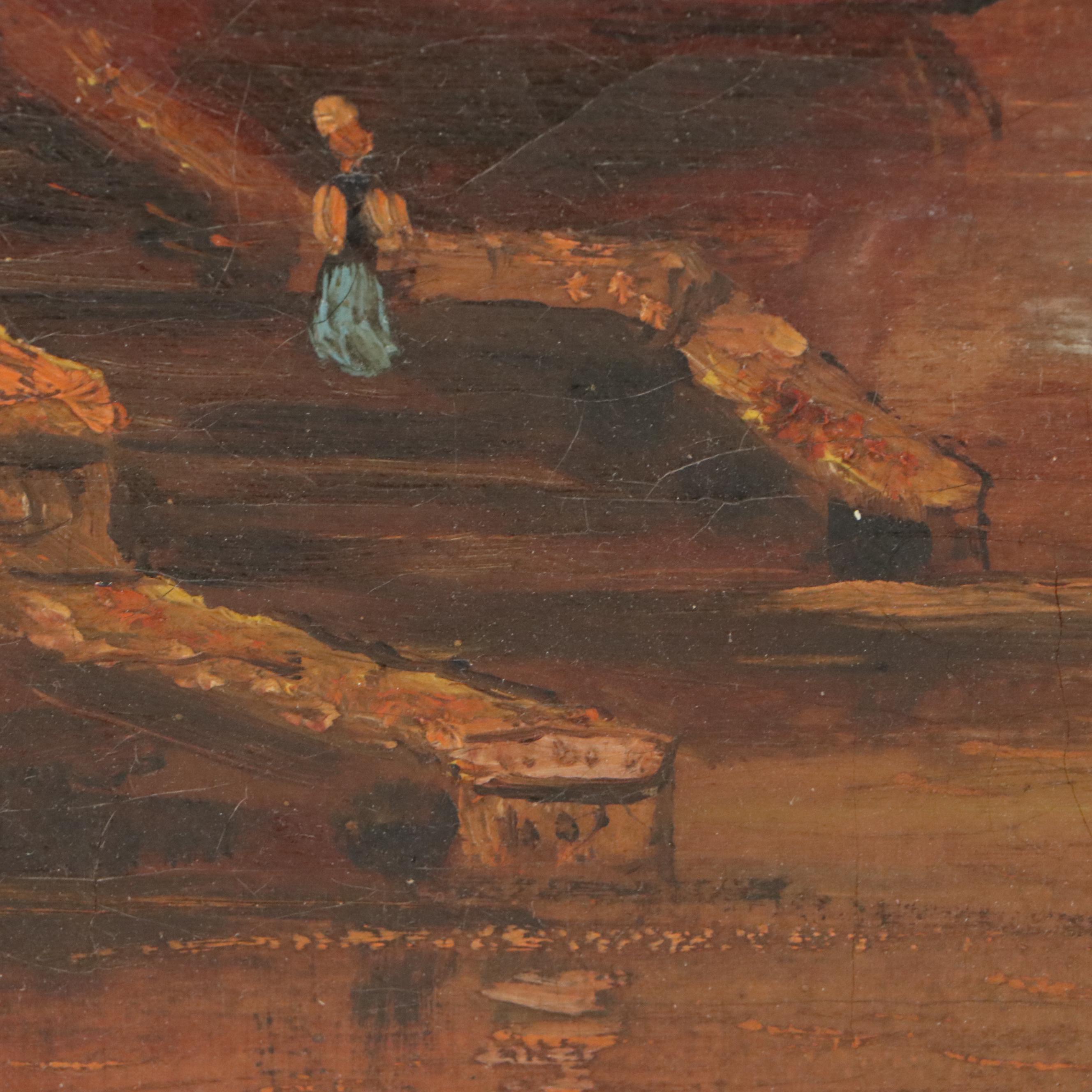 European Oil Painting of Port Scene, 19th Century