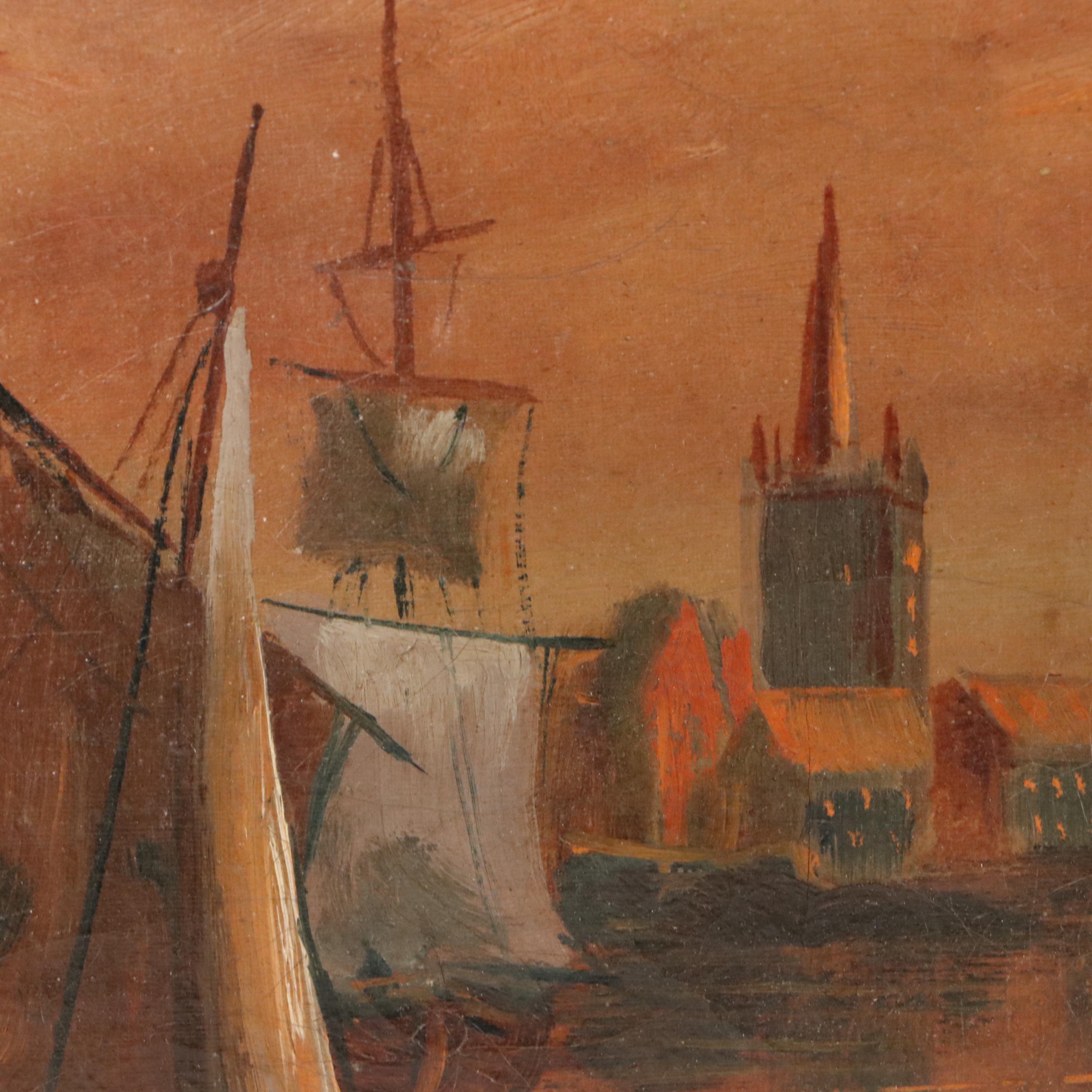 European Oil Painting of Port Scene, 19th Century