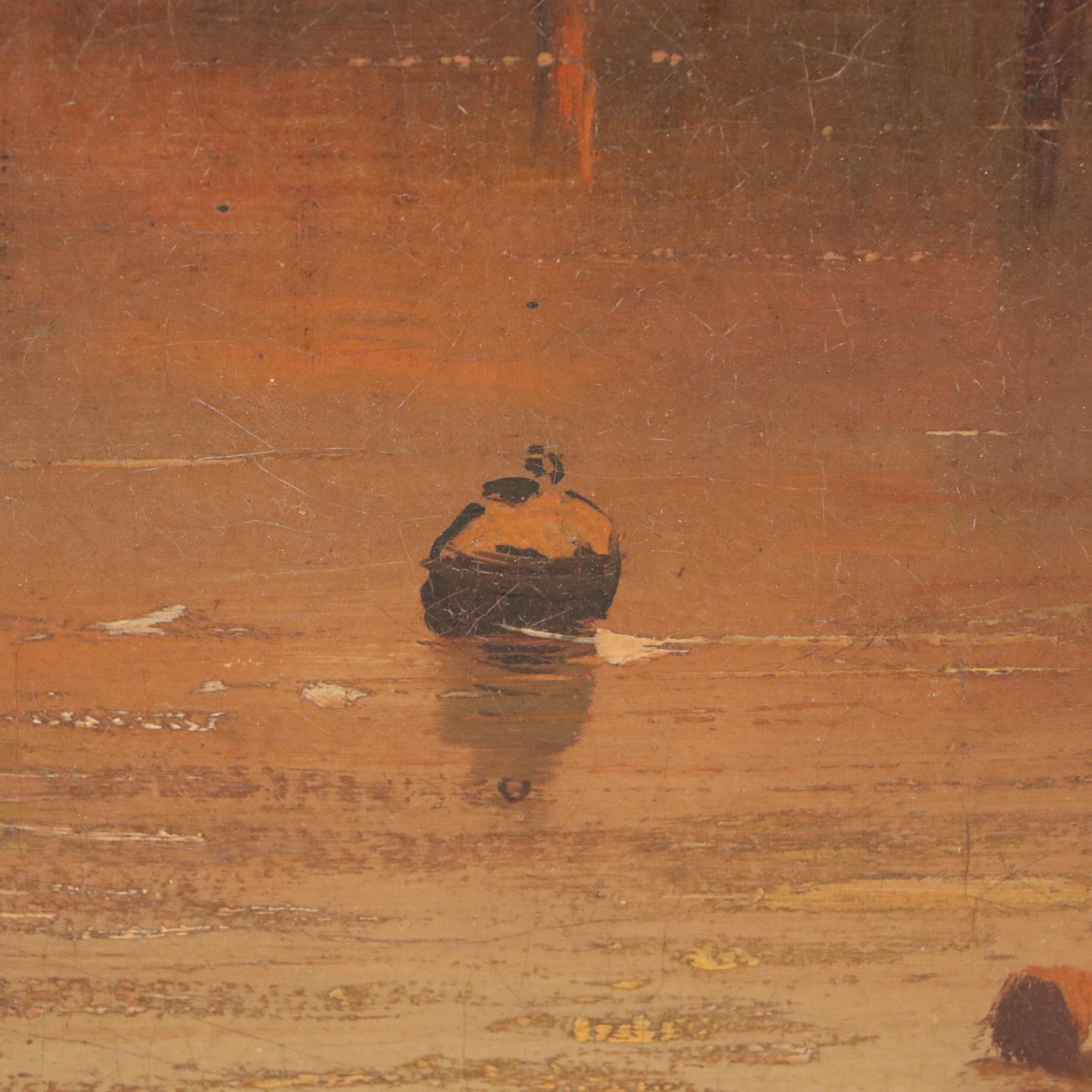 European Oil Painting of Port Scene, 19th Century