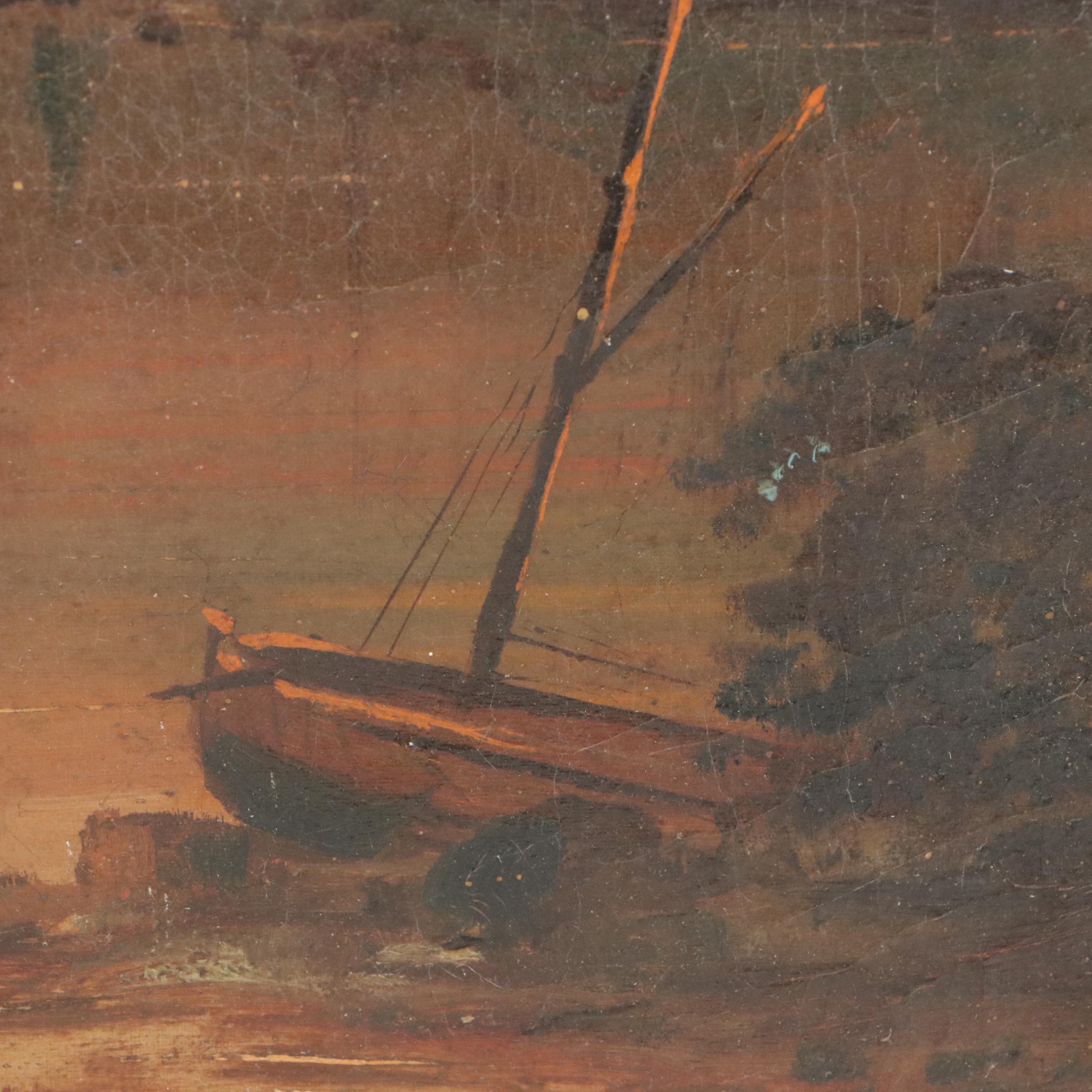 European Oil Painting of Port Scene, 19th Century