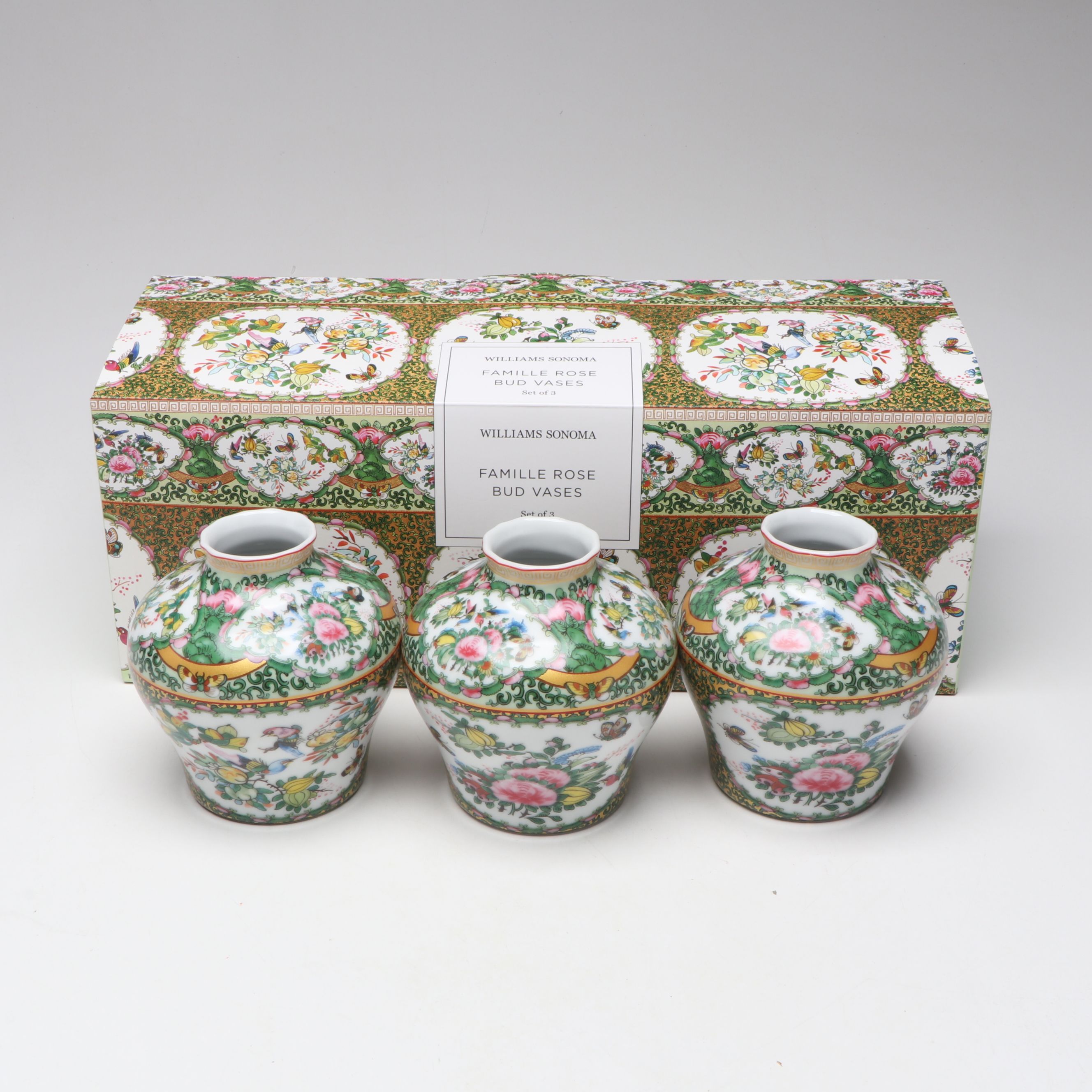 Williams Sonoma Famille Rose Porcelain Bud Vases with Glass Centerpiece Bowl