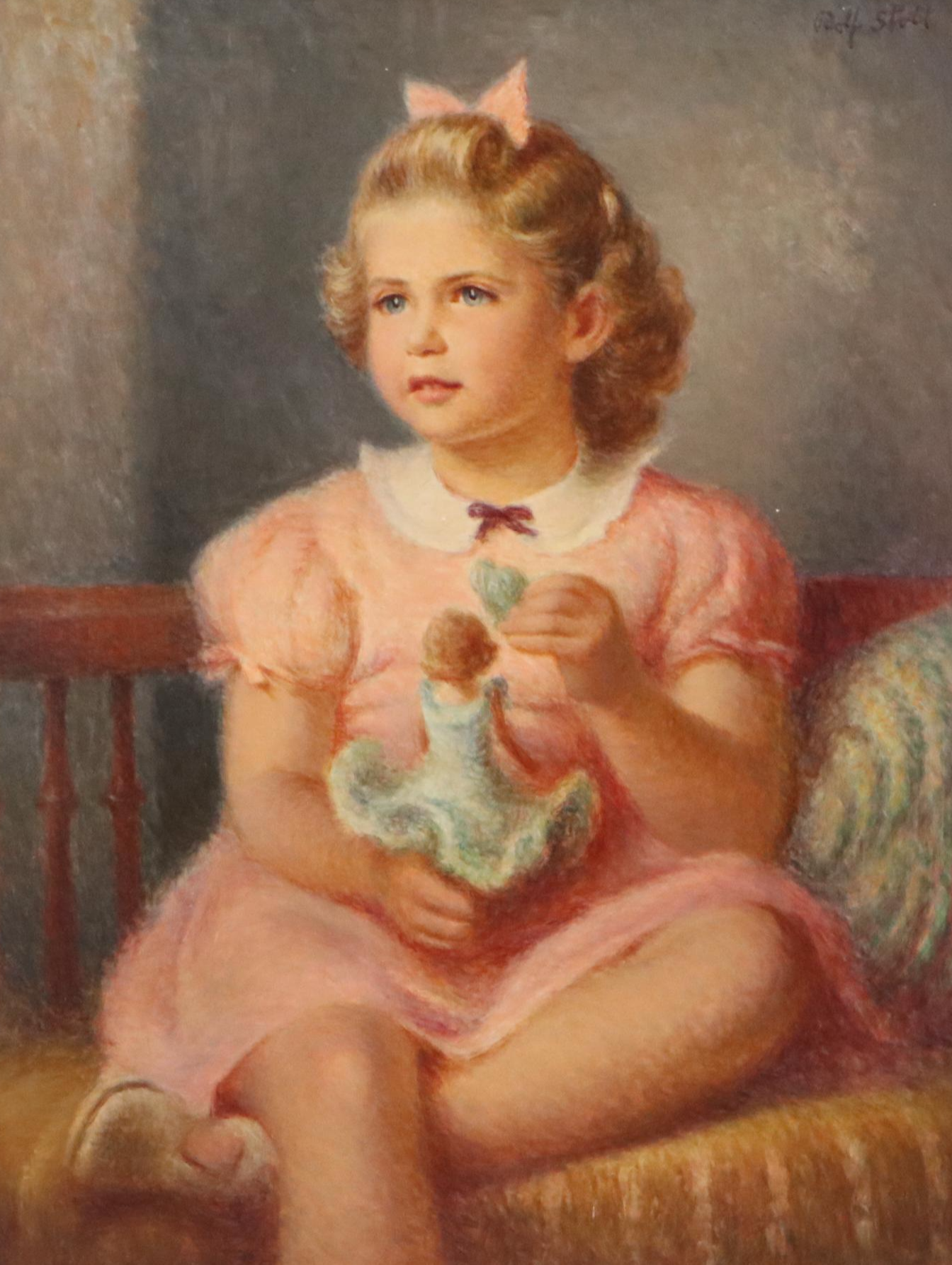 Rolf Stoll Portrait Oil Painting of Seated Young Girl with Toy "Sheila"