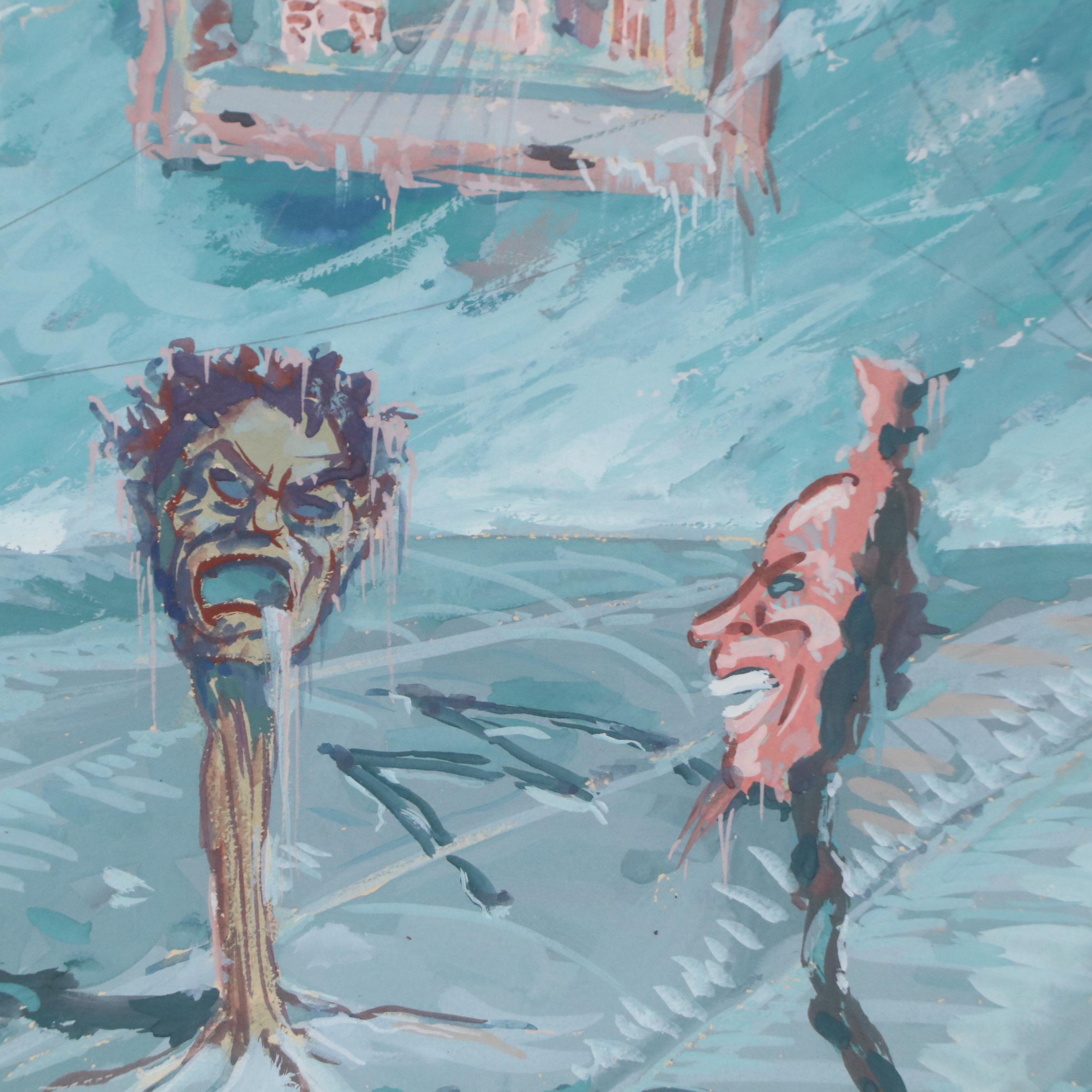 Albert W. Campbell Surrealist Style Watercolor and Goauche Painting