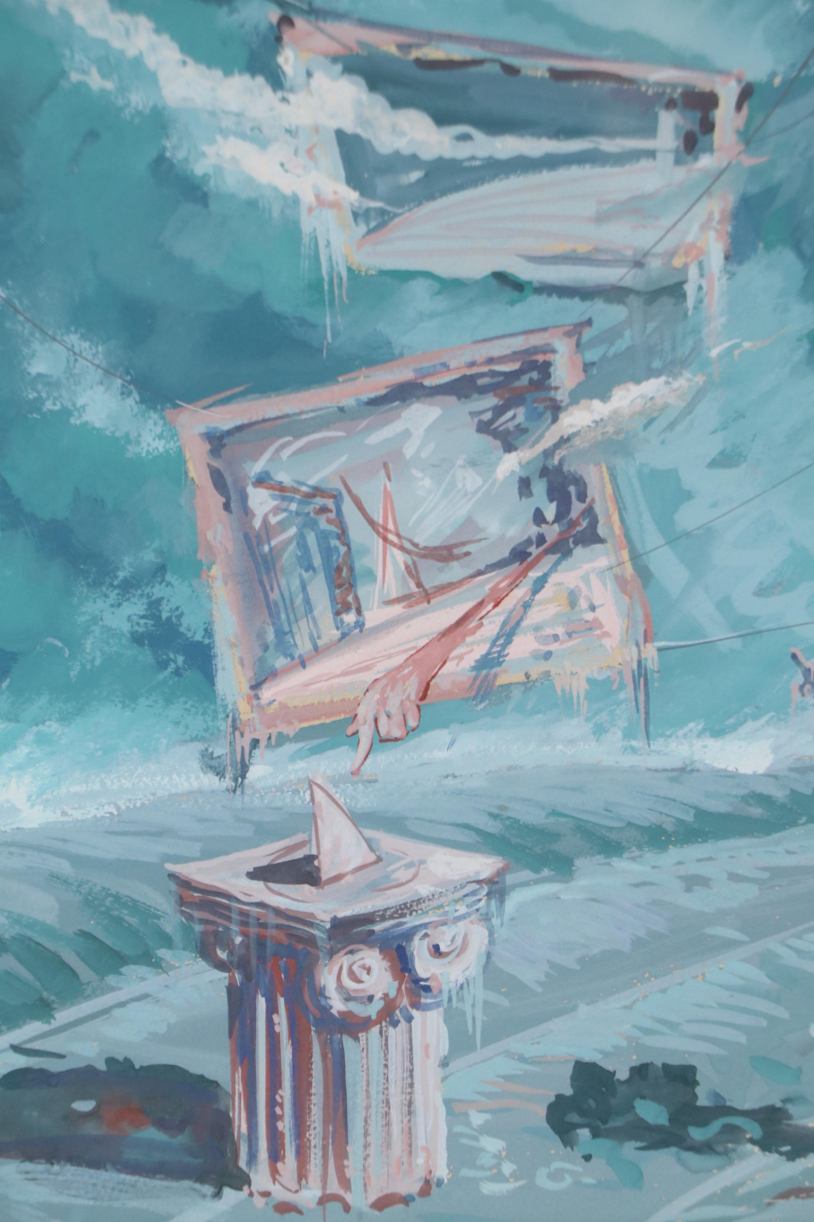 Albert W. Campbell Surrealist Style Watercolor and Goauche Painting