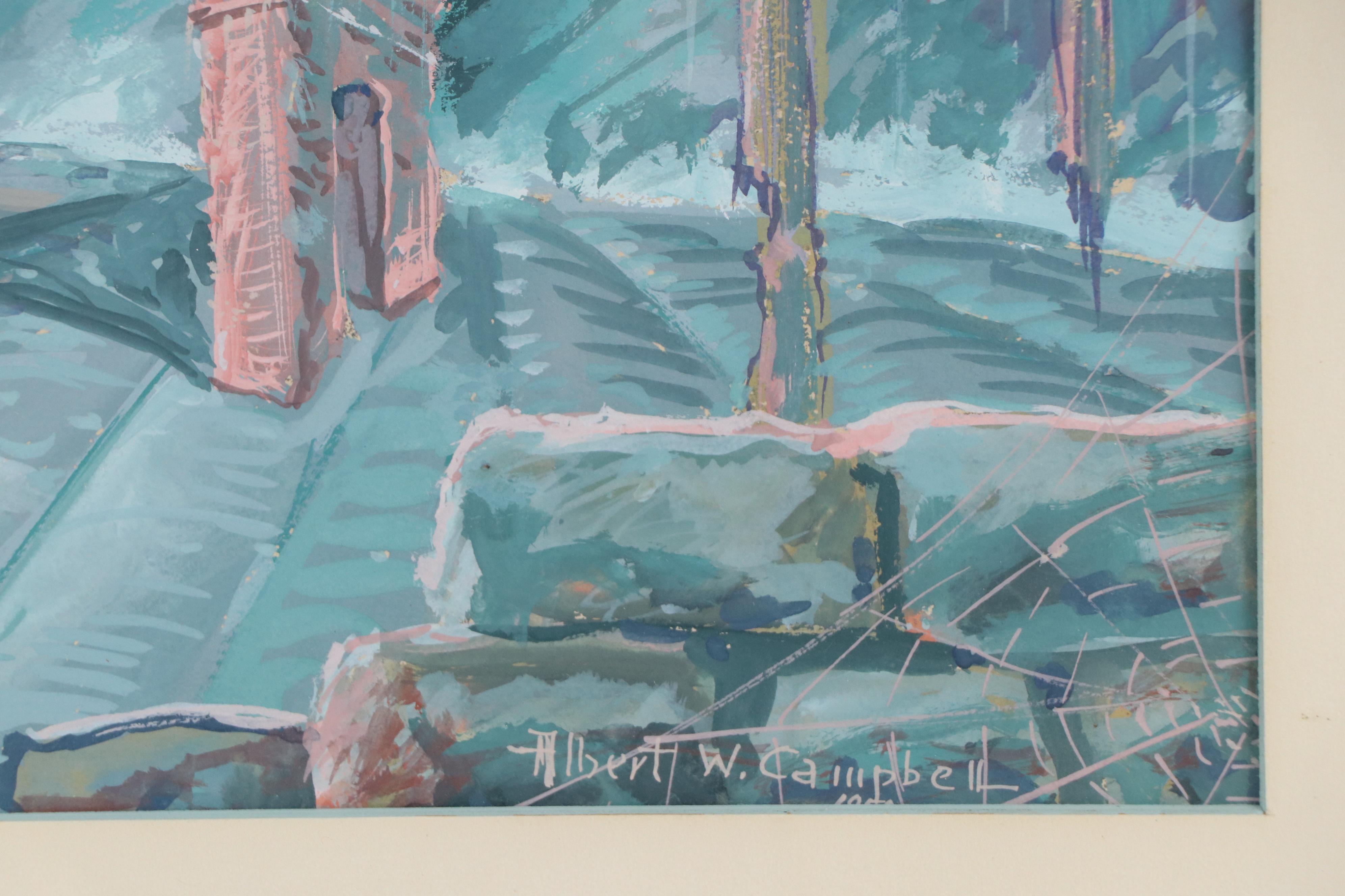 Albert W. Campbell Surrealist Style Watercolor and Goauche Painting