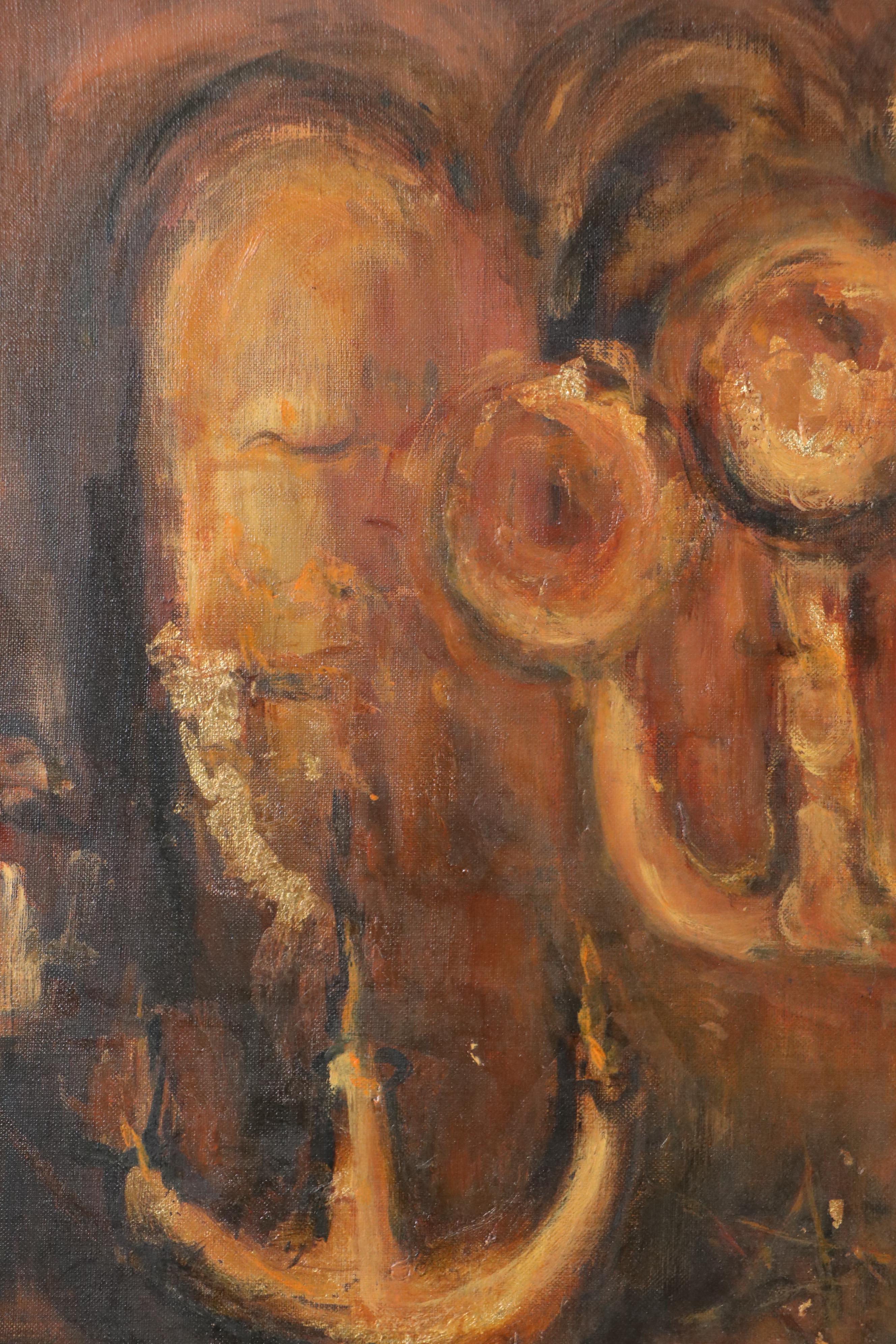 Judaica Still Life Scene Oil Painting, Mid-20th Century