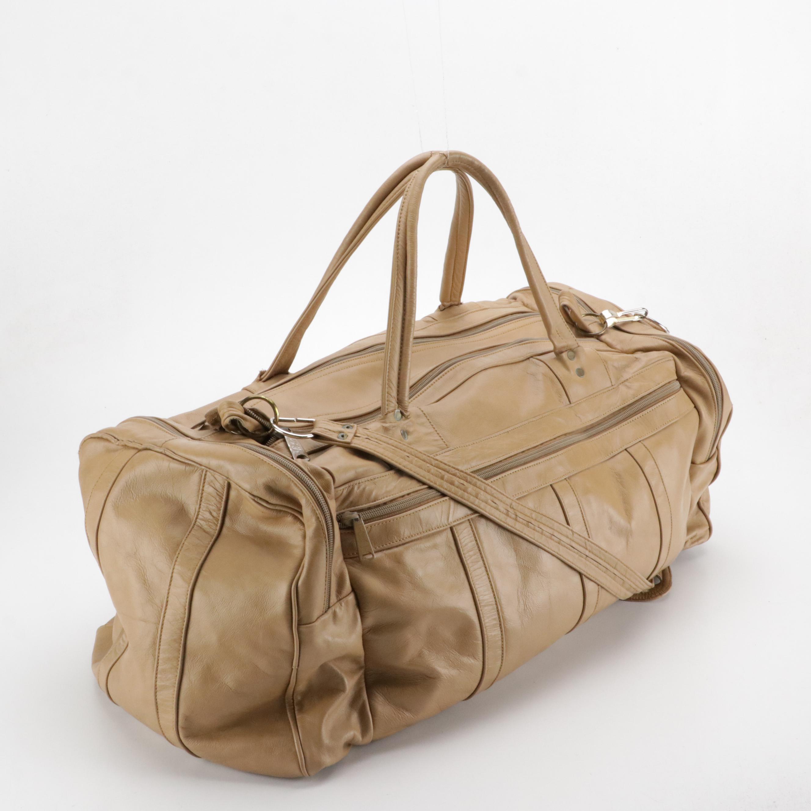 Ideal Vintage Beige Leather Travel Duffel Bag