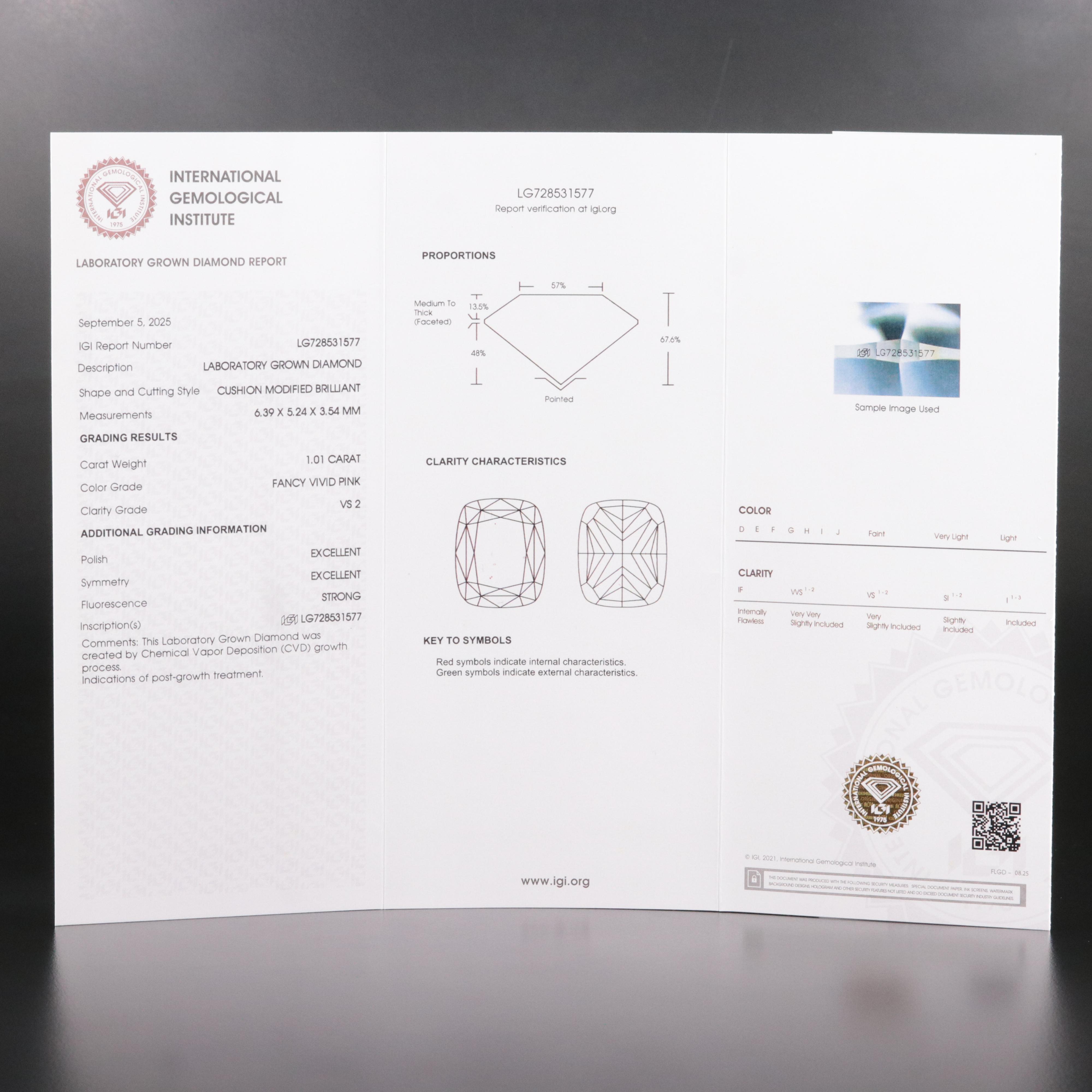 Loose 1.01 CT Lab Grown Fancy Pink Diamond with IGI Report