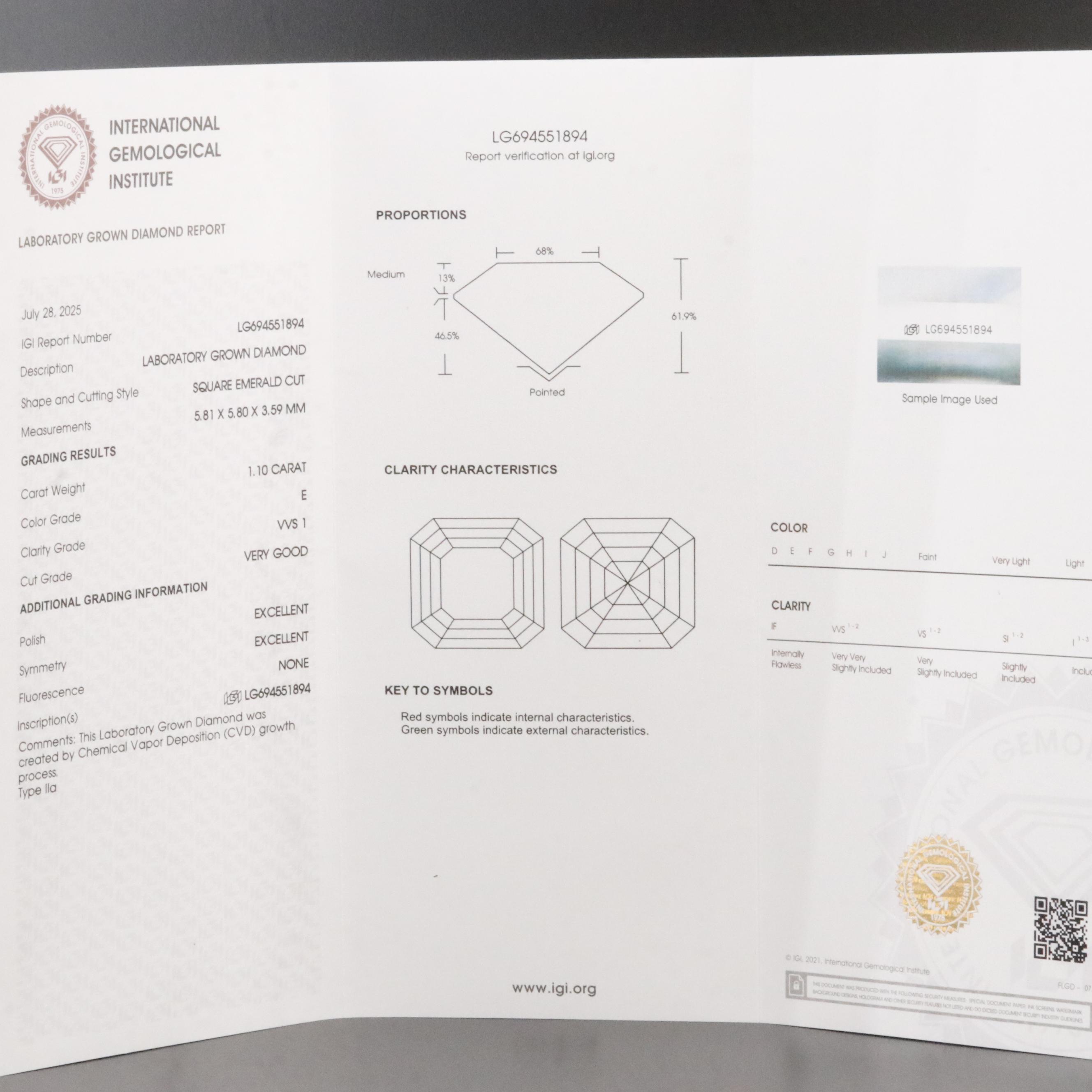 Loose 1.10 CT Lab Grown Diamond with IGI Report