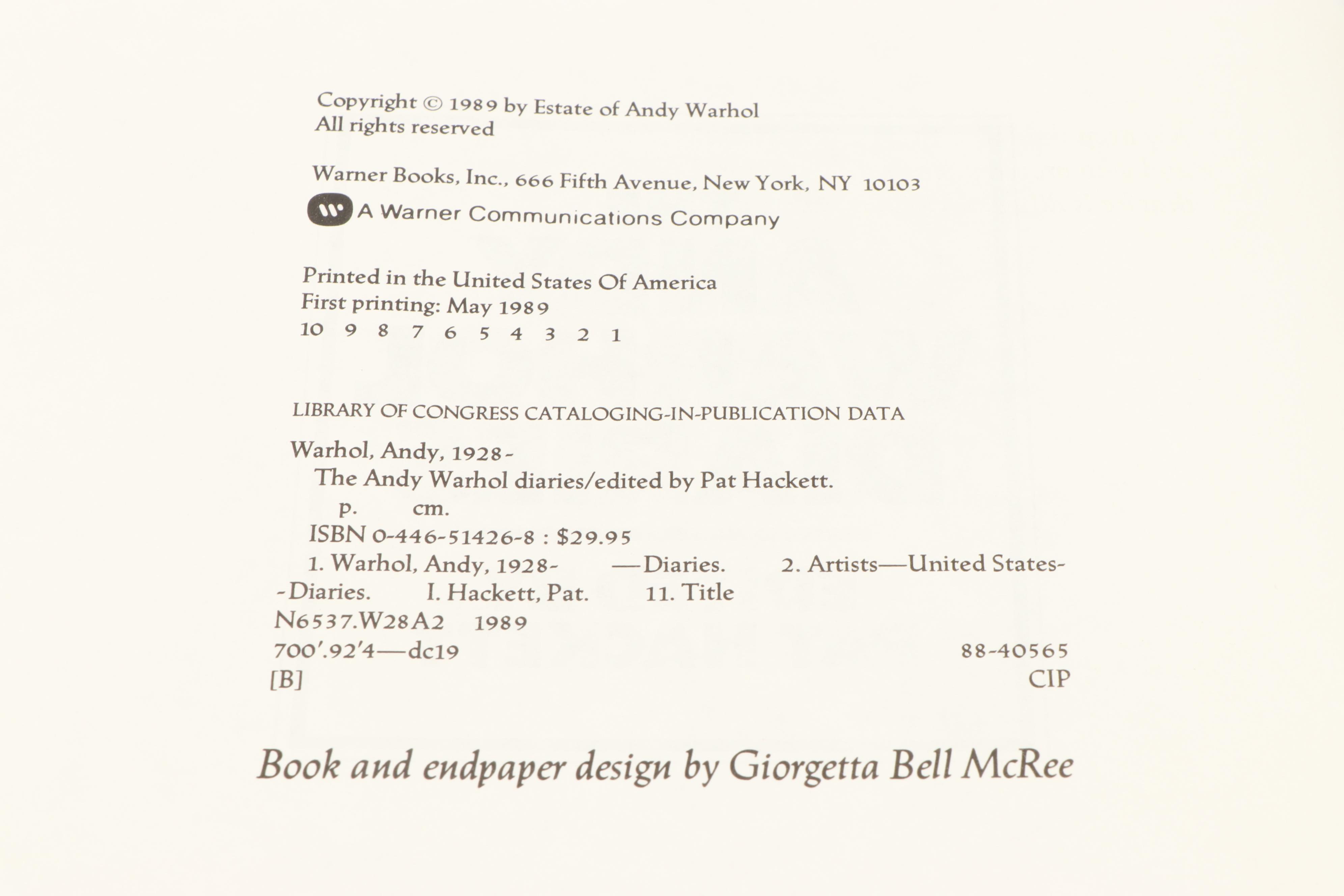 First Printing "The Andy Warhol Diaries" Edited by Pat Hackett, 1989