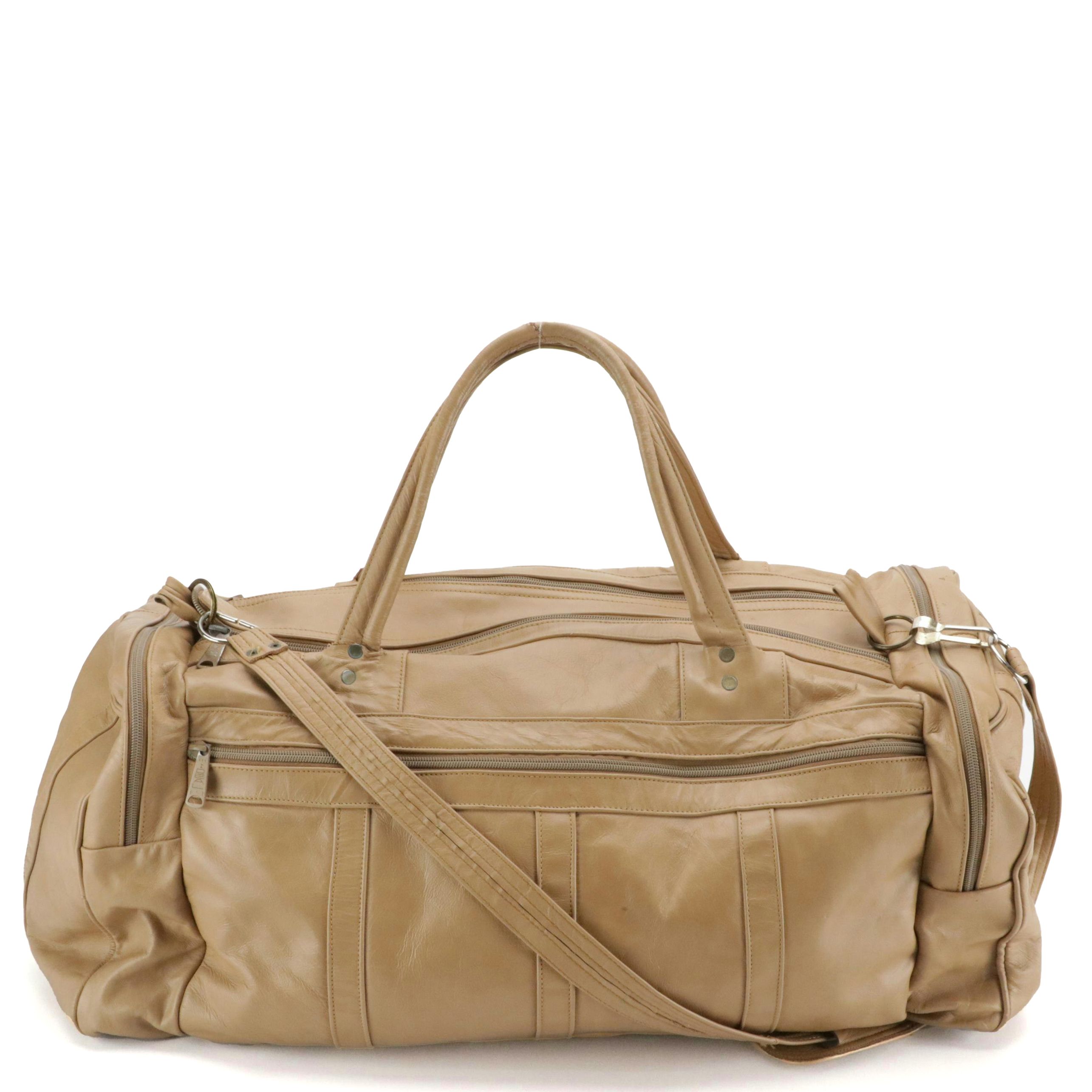 Ideal Vintage Beige Leather Travel Duffel Bag