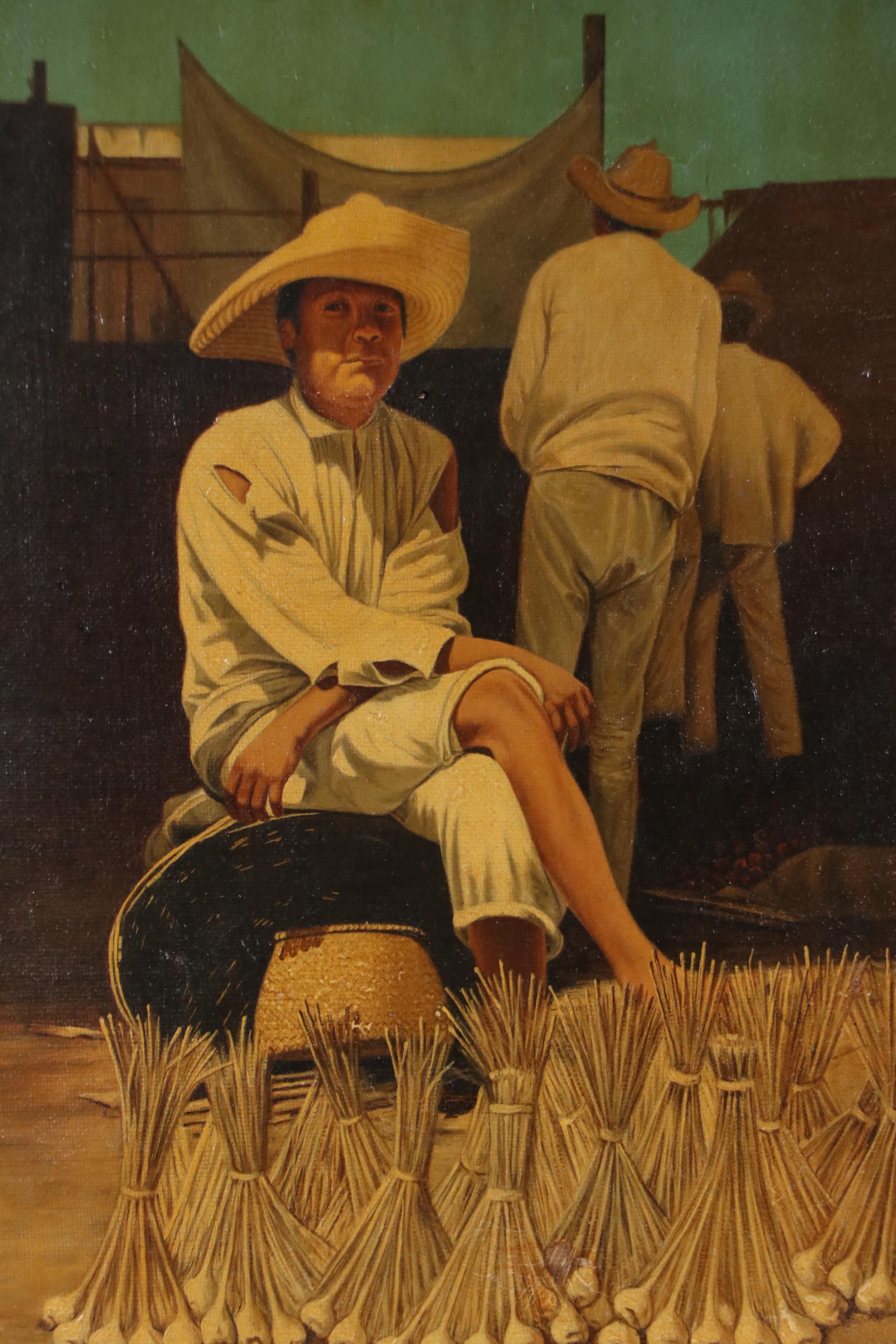 Latin American Genre Scene Oil Painting of Garlic Merchant, Circa 1940