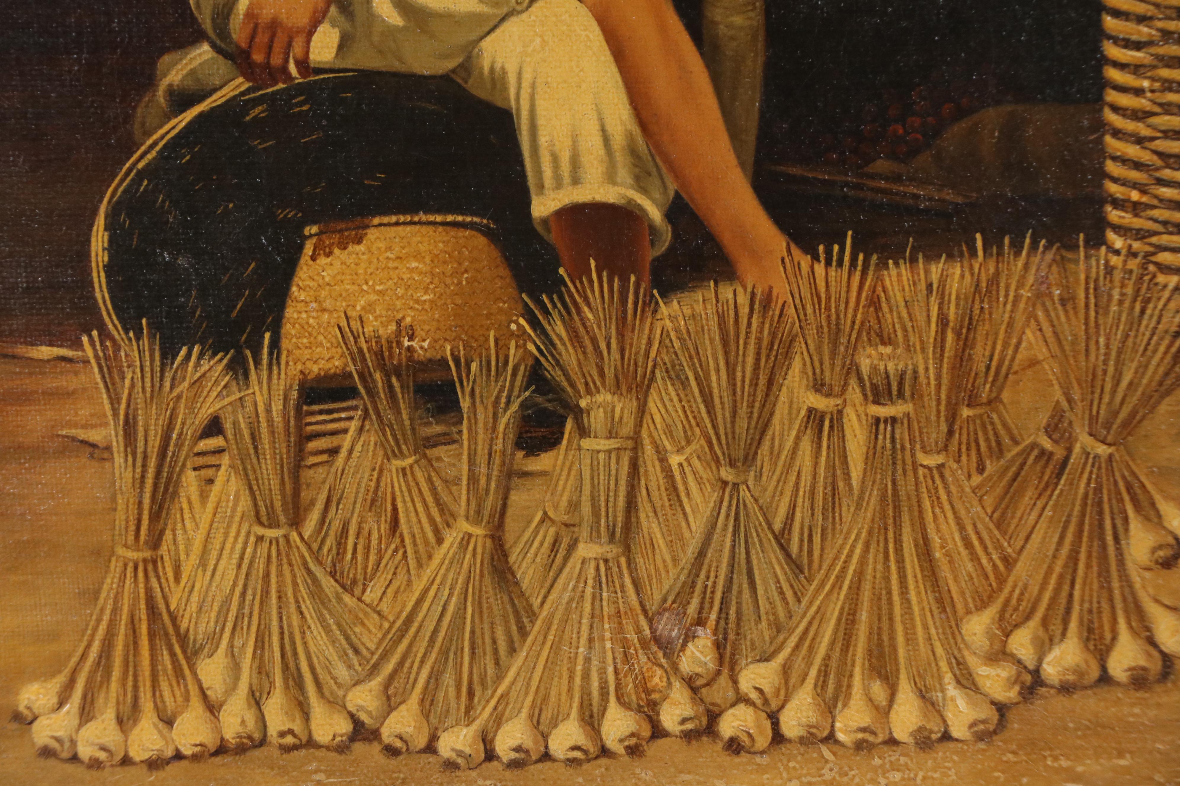 Latin American Genre Scene Oil Painting of Garlic Merchant, Circa 1940