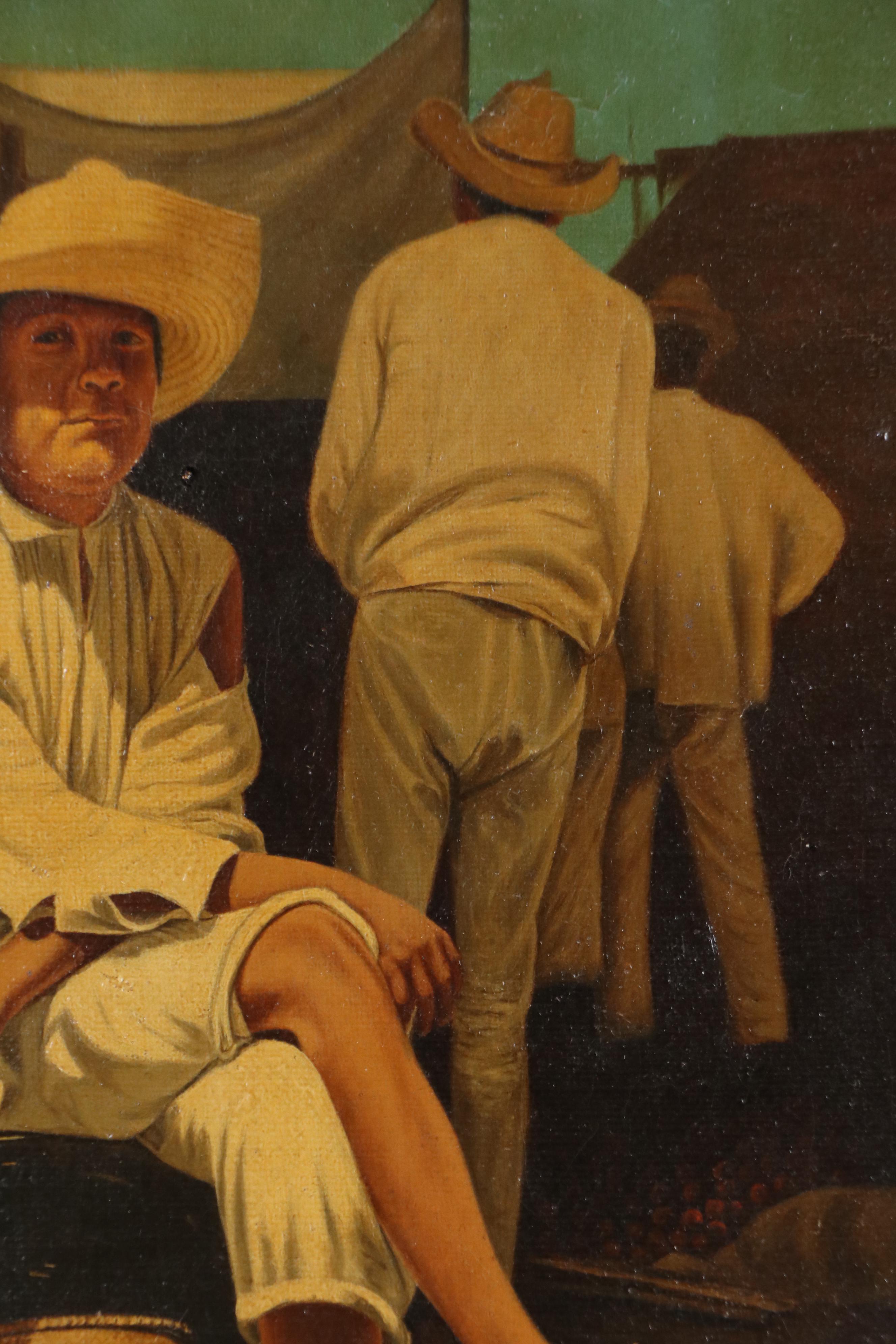 Latin American Genre Scene Oil Painting of Garlic Merchant, Circa 1940