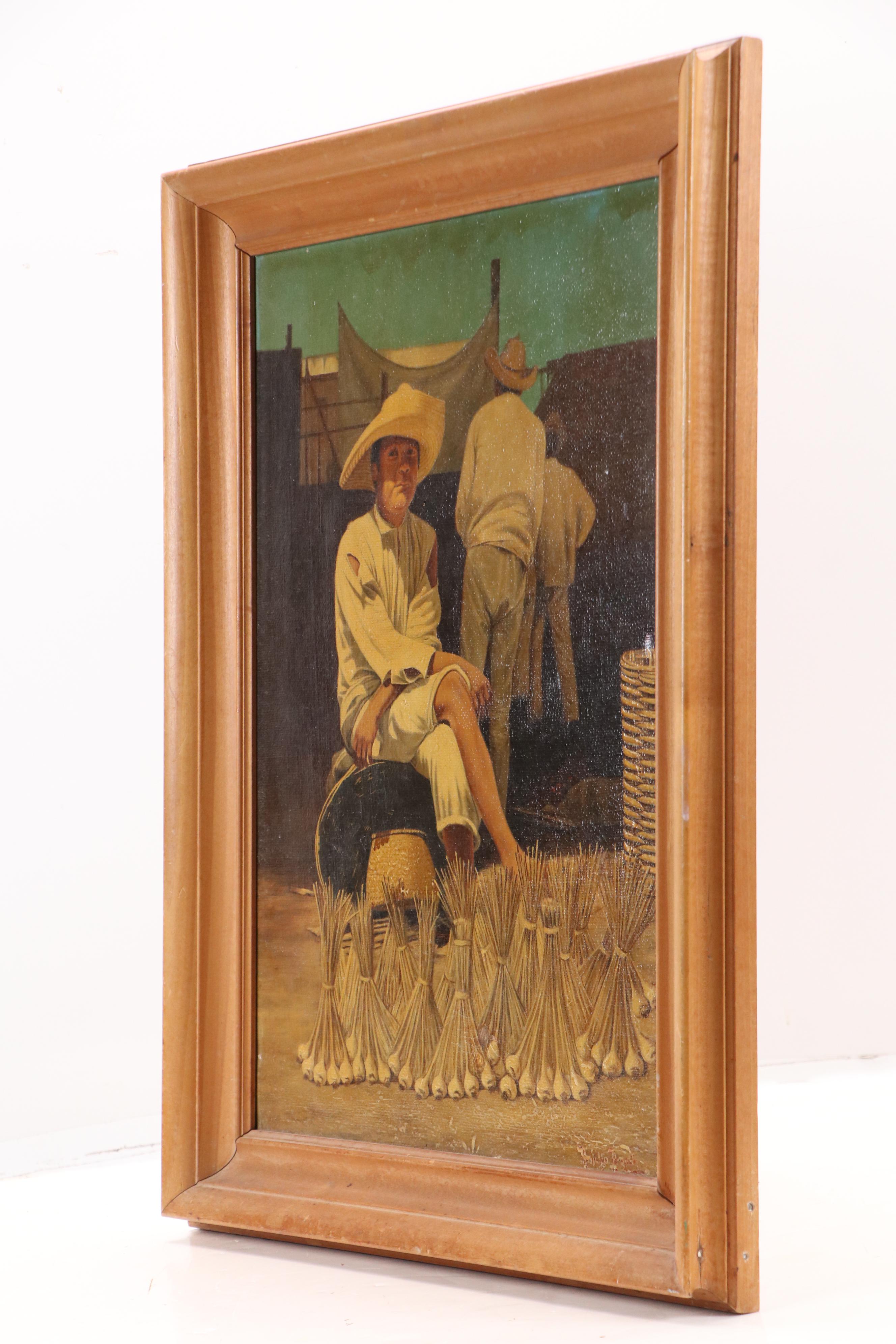 Latin American Genre Scene Oil Painting of Garlic Merchant, Circa 1940