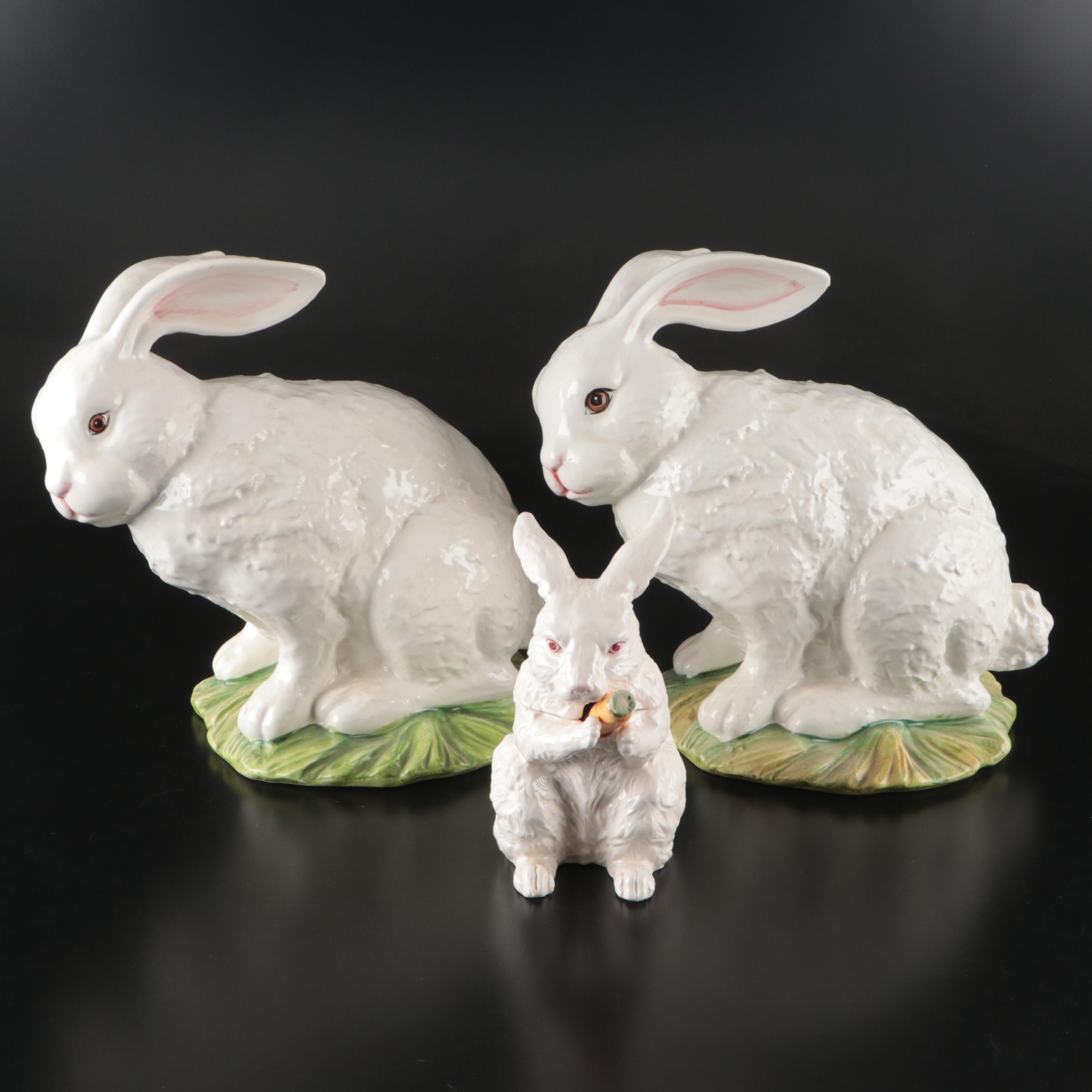 Adue Tosin Italian Ceramic Rabbits with Miniature Rabbit Tureen and Carrot Ladle
