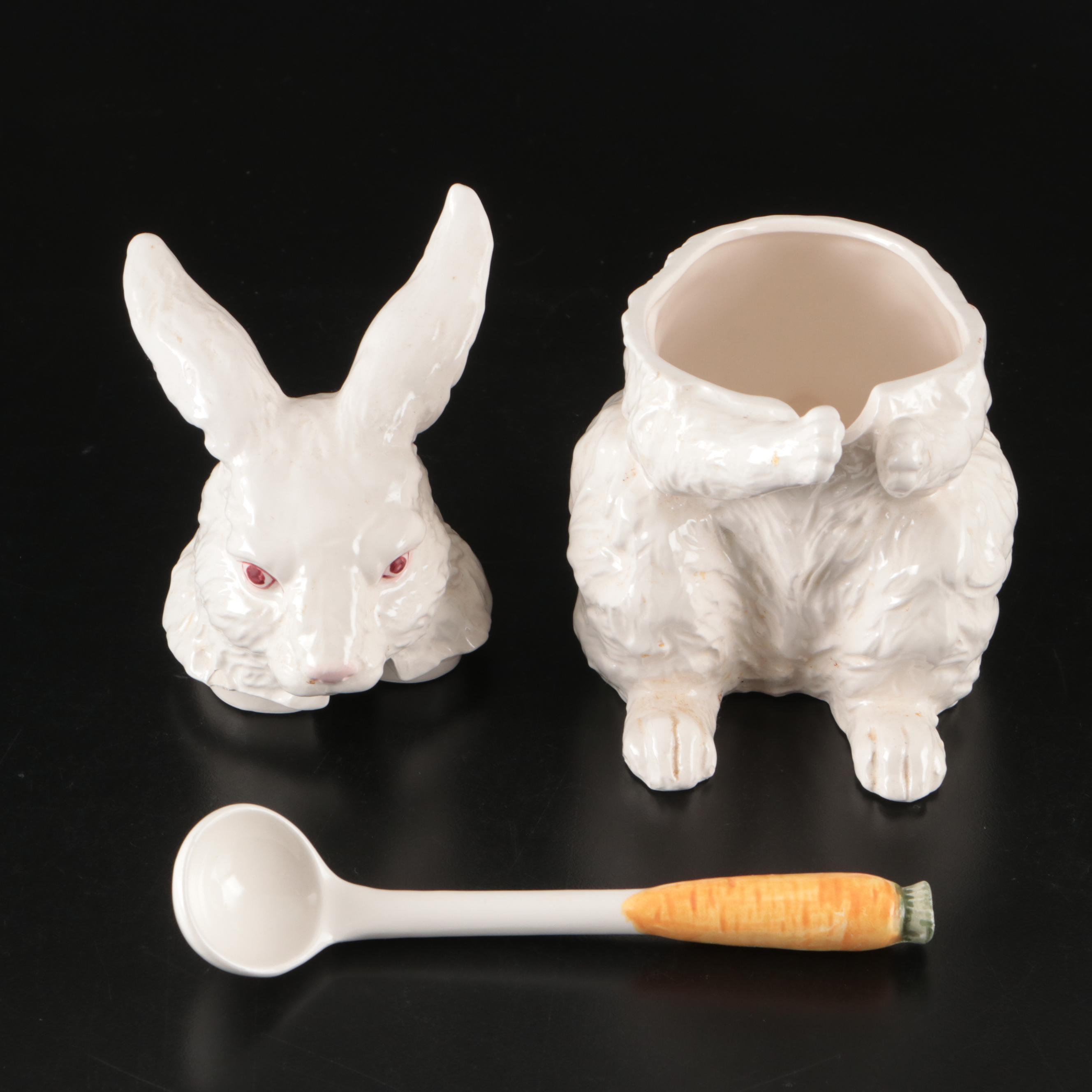 Adue Tosin Italian Ceramic Rabbits with Miniature Rabbit Tureen and Carrot Ladle