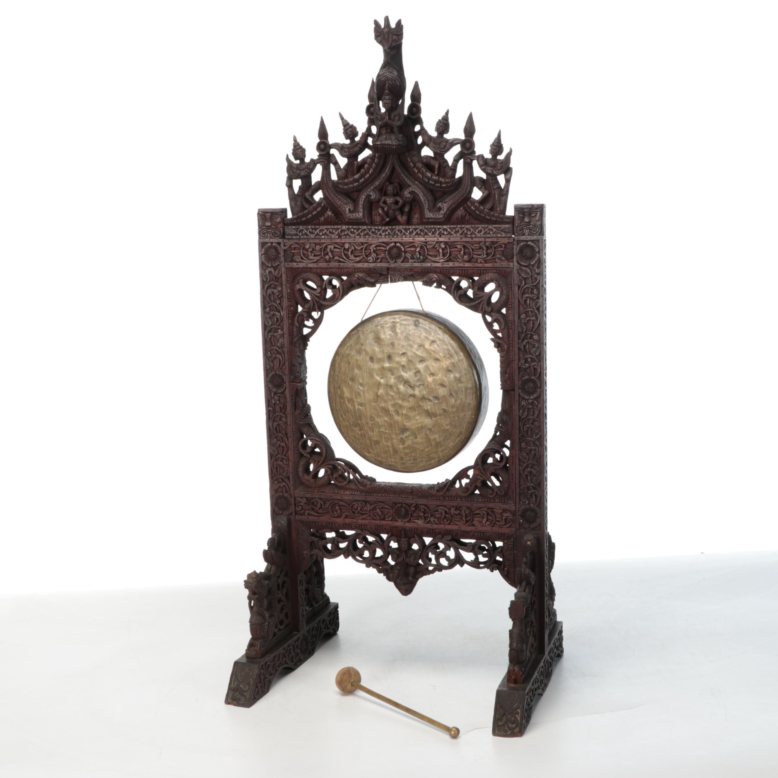 Burmese Style Ornate Wooden Hand-Carved Standing Gong with Brass Disc, Mallet