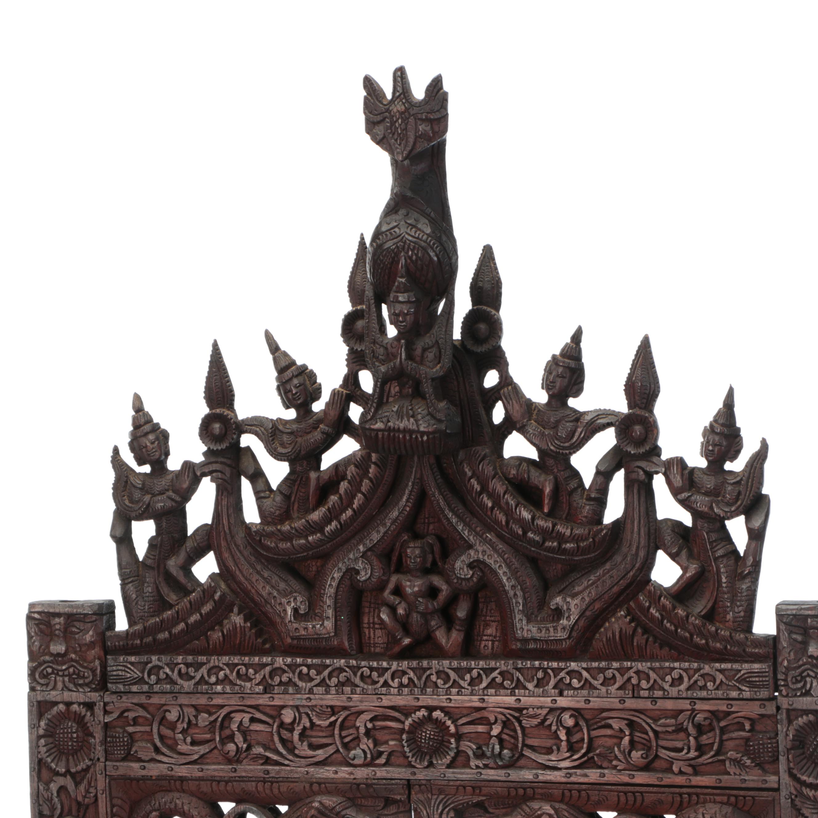 Burmese Style Ornate Wooden Hand-Carved Standing Gong with Brass Disc, Mallet